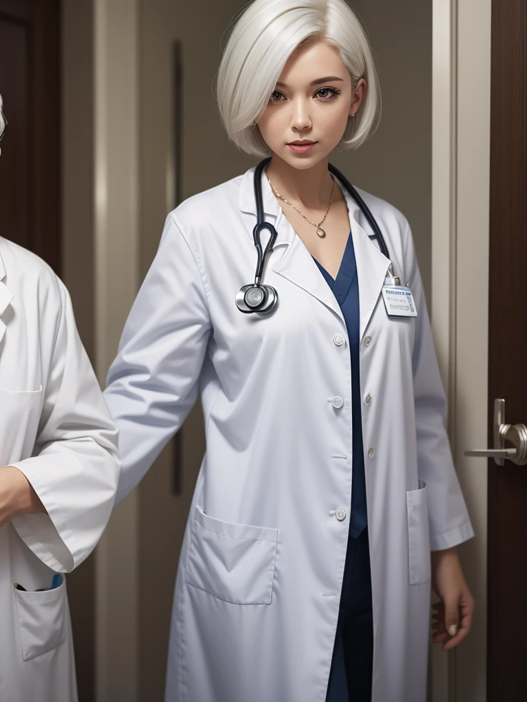 （（（girl，Short hair detail metal body，She is a doctor）））.An old man with white hair