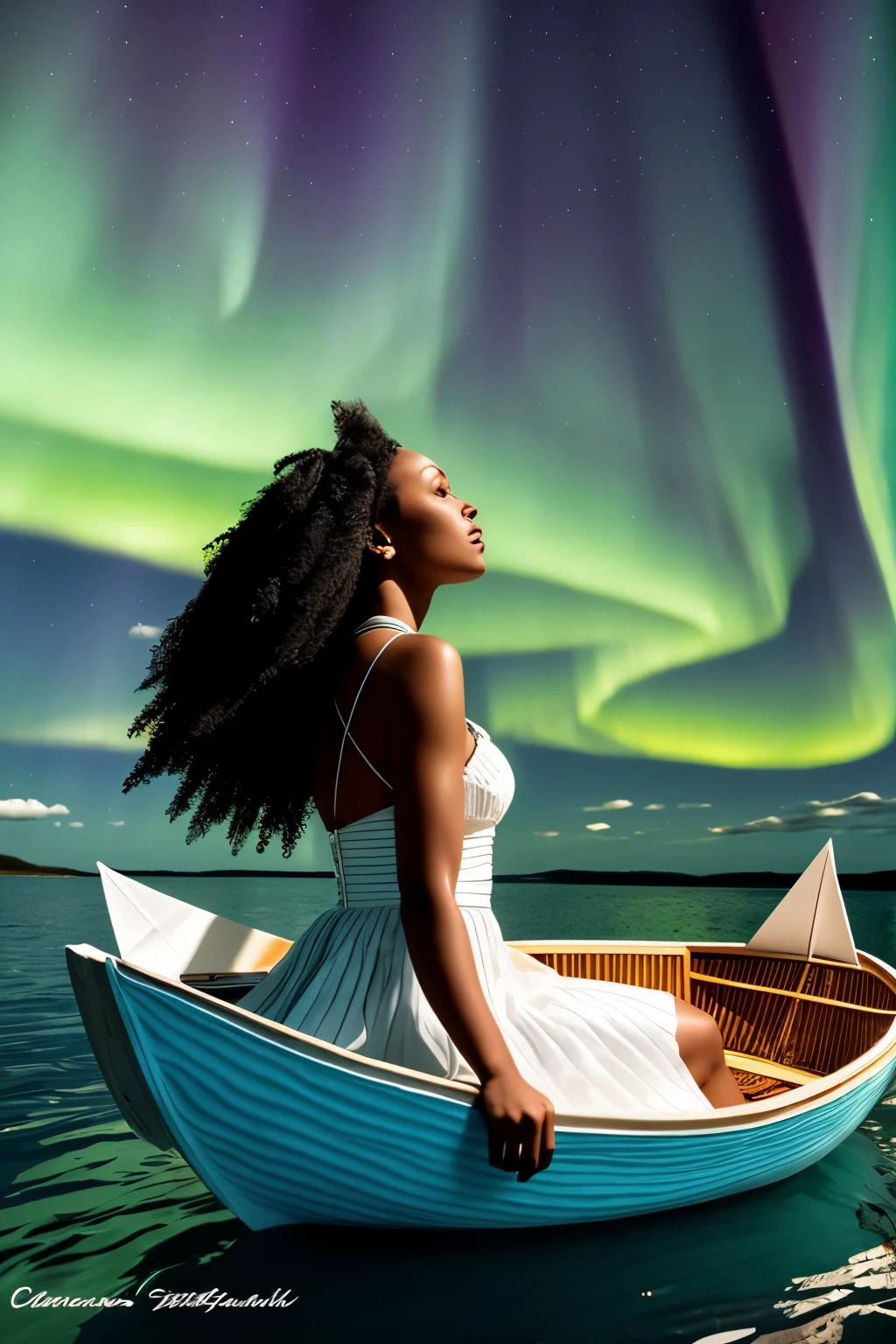 Side angle view of a captivating black woman gracefully seated in a traditional paper boat, drifting serenely on an expansive clear ocean. The tranquil water mirrors the breathtaking aurora borealis dancing overhead, its vibrant colors casting a mesmerizing reflection on the water's surface and the tiny ripples around her boat. above the pristine ocean, the aurora borealis continues to illuminate the night sky with its ethereal beauty, creating a backdrop of breathtaking artistic significance. The woman is dressed in exquisitely crafted white African paper clothes that flow gently with the rhythm of the ocean, shimmering with a soft, ethereal glow as they catch