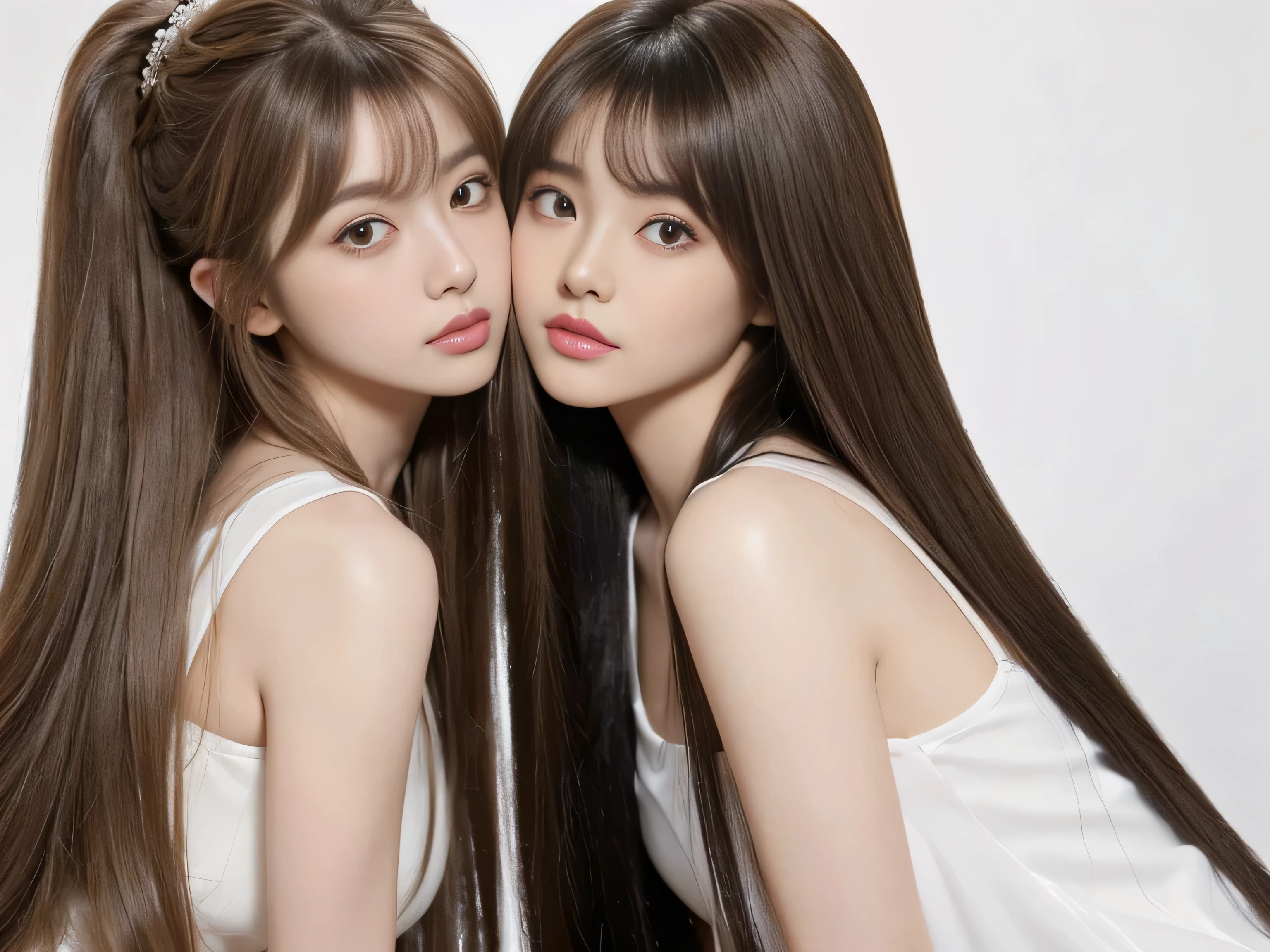 (They are identical twins and are practically clones. Hairstyle、The hair color is the same Shoot in the same space) ((They face each other and hold each other tightly:1.5)) (They look happy to see the viewers.) ((A close-up of the faces of both people, showing their entire faces and heads.)) ((Beautiful 24 year old hair model with long light brown hair Fell straight down Reaches up to the kneeVery long hair highest quality Highest detail Reaches up to the knee、Very long hair that lasts forever:1.3 Flowing Hair 私ncredibly straight hair Very shiny そして thick hair Abnormally long hair that lasts forever Flowing Hair on both ends long hair up to the knees:1.2 long hair up to the knees:1.2 Thick and shiny hair Very free hair Abnormally long hair!!!!! Beautiful silky hair Beautiful and shiny hair Beautiful and shiny hair Beautiful silky hair Hair that grows to the knees Very very, Very long hair!!!!! Very very, Very long hair!!!!!)) (highest quality The best ultra-fine Reaches up to the knee、Very long hair that lasts forever Flowing Hair Her hair is gently permed Very shiny そして thick hair Abnormally long hair that lasts forever Flowing Hair on both ends long hair up to the knees:1.2 long hair up to the knees:1.2 Thick and shiny hair Very free hair Abnormally long hair!!!!! Beautiful silky hair Super long hair down to the knees Beautiful and shiny hair Beautiful and shiny hair Beautiful silky hair Hair that grows to the knees Very very, Very long hair!!!!! Very very, Very long hair!!!!!)) (Her bangs are perfectly trimmed and straight down.:1.3) ((Her hair color is light brown:1.5)) (Pure white wall background:1.8 Pure White Sofa) (Japan'The sexiest and most beautiful 24 year old model) (She looks at the viewer with a very seductive expression......) ((highest quality)), ((masterpiece)), (Familiar) (Get used to it) Perfect Face (Her skin is a typical Japanese skin color.. And very detailed) (Big Breasts:1.3) (She is wearing a shiny white camisole.) (She has a beautiful face and a typical Japanese figure...., Narrow eyes) (She has perfect 美しい and sexy makeup and face Lipstick is light red A solid eyeliner) ((Rich 1.4)) (Extremely detailed 8K) (Ultra-fine skin texture 1.4) (Actual, Vibrant:1.4), double eyelid Sharp focus:1.2、Beautiful woman:1.4 Dynamic Lighting (Genuine RAW photos taken by professional photographers) Professional Hair Shine. (She has a bright and cheerful face) (Her face is slim and dignified.., length, Narrow eyes..々Nice face)