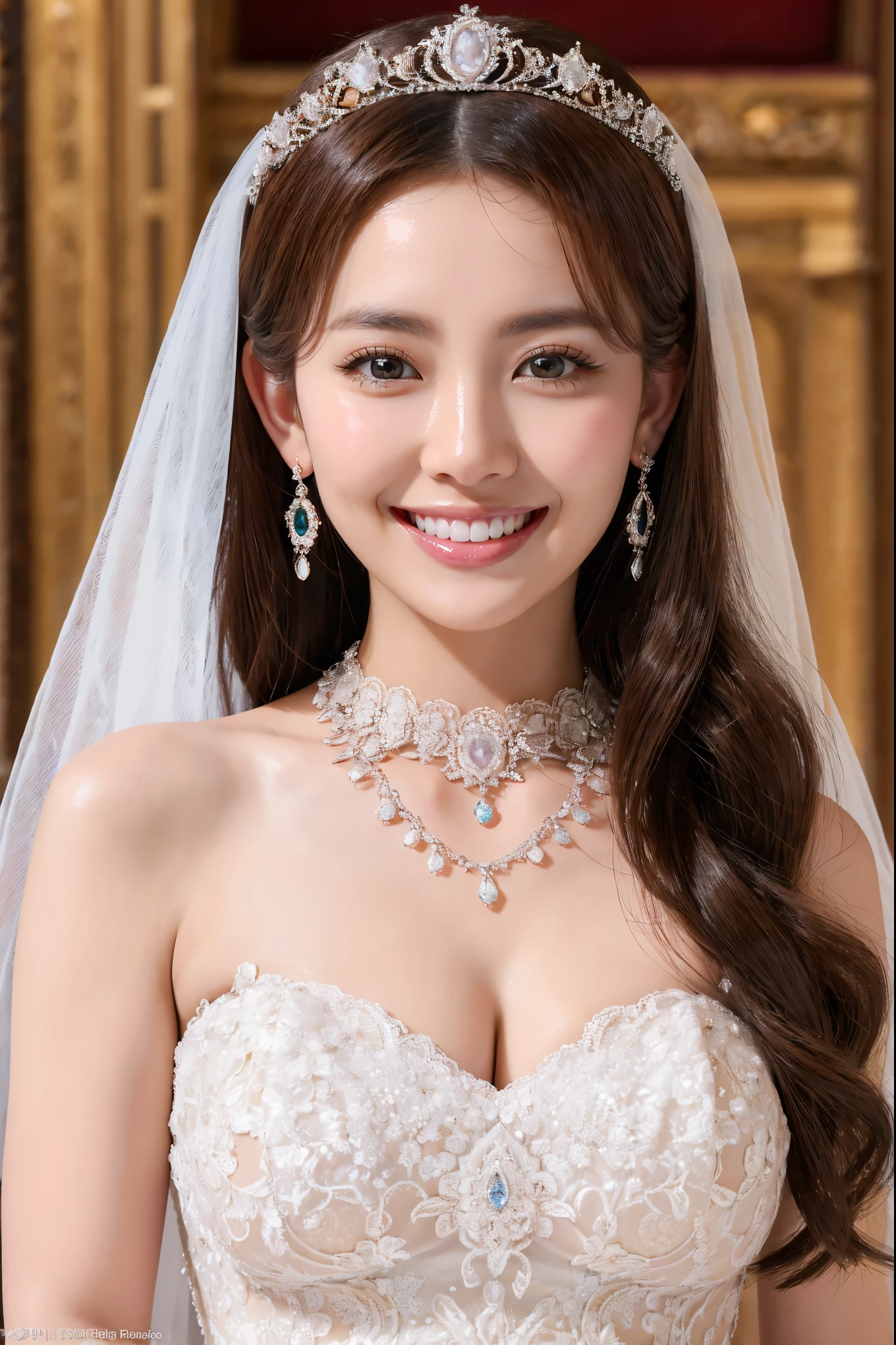 (highest quality、Tabletop、8k、Best image quality、Award-winning works)、One beautiful bride、(alone:1.1)、(The most extravagant and gorgeous huge wedding dresses:1.1)、(Perfect Wedding Lace:1.2)、(The most extravagant and luxurious giant tiara:1.1)、(The most extravagant and luxurious giant necklace:1.1)、The most beautiful smile is looking at me、A wide selection of the finest jewellery、(Bridal upper body photo:1.1)、Perfect Makeup、Long eyelashes、Ultra HD Shining Eyes、Ultra HD Hair、Ultra High Resolution Glossy Lips、Ultra High Resolution Perfect Teeth、Beautiful face in ultra-high definition、(Accurate anatomy:1.1)、(Very bright and beautiful skin:1.2)、(very bright and vivid:1.2)