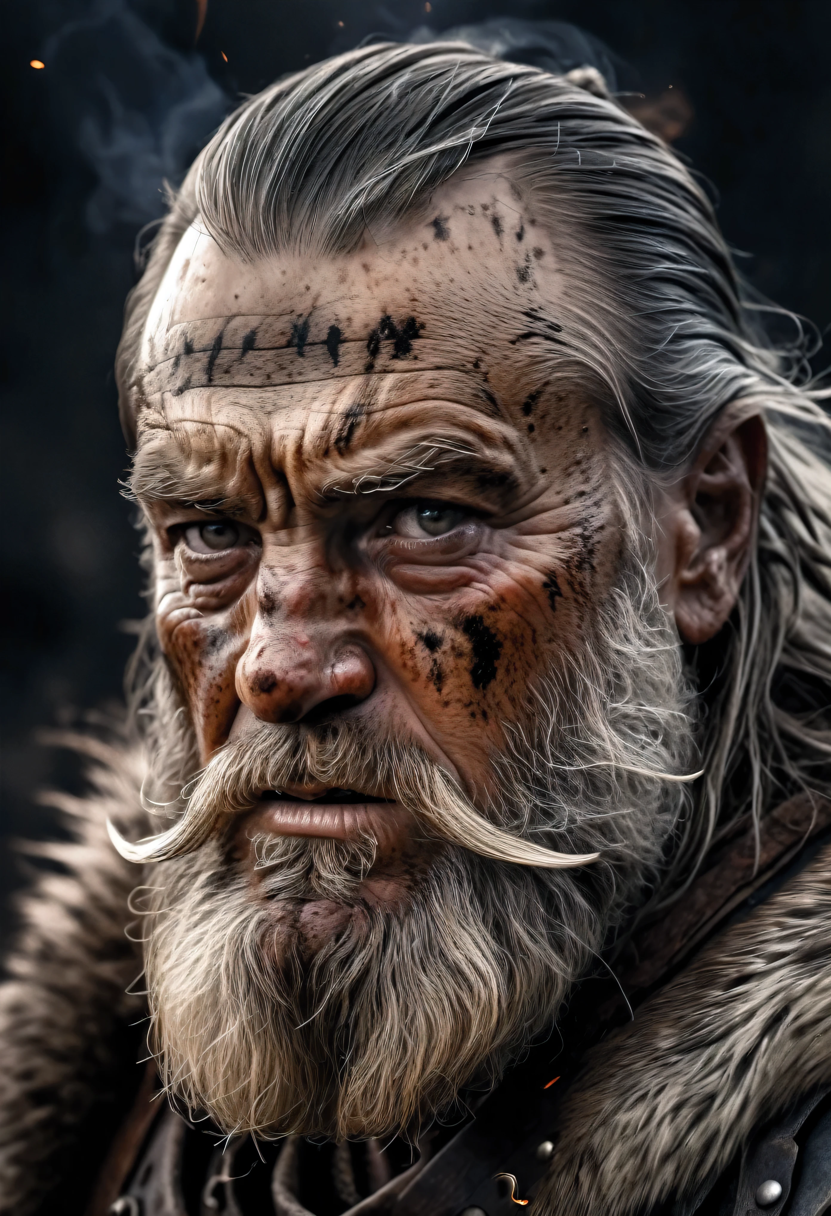 viking old face burning during battle sharp image realism sharp details strong expression