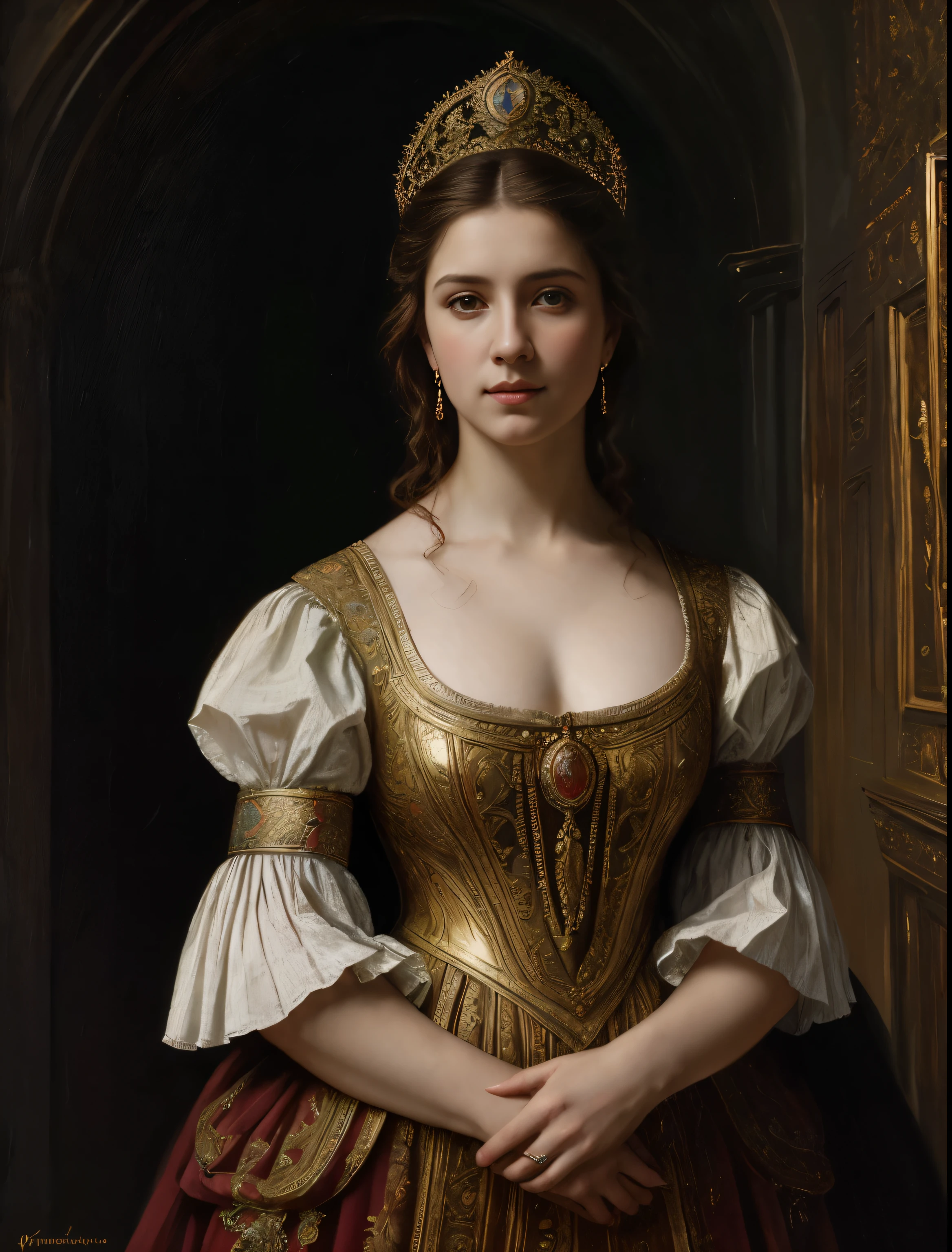 retrato, garota, middle Ages, classicismo, estilo de Andrey Atroshenko, pintura, Traditional media, realista, figurativo, belas artes, oil on canvas, HDR, 8k, Personagem original, high resolution, Alto detalhe, concentre-se no rosto