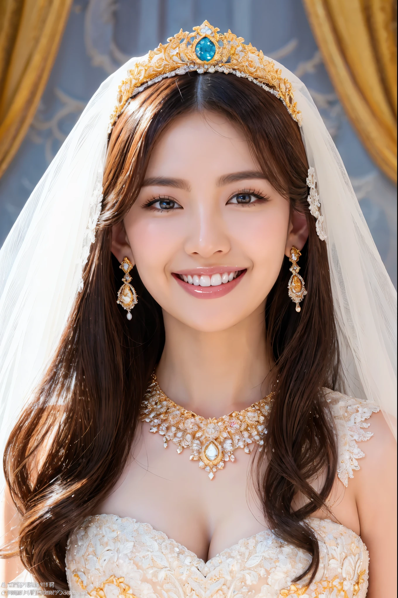 (highest quality、Tabletop、8k、Best image quality、Award-winning works)、One beautiful bride、(alone:1.1)、(The most extravagant and gorgeous huge wedding dresses:1.1)、(Perfect Wedding Lace:1.2)、(The most extravagant and luxurious giant tiara:1.1)、(The most extravagant and luxurious giant necklace:1.1)、The most beautiful smile is looking at me、A wide selection of the finest jewellery、(Bridal upper body photo:1.1)、Perfect Makeup、Long eyelashes、Ultra HD Shining Eyes、Ultra HD Hair、Ultra High Resolution Glossy Lips、Ultra High Resolution Perfect Teeth、Beautiful face in ultra-high definition、(Accurate anatomy:1.1)、(Very bright and beautiful skin:1.2)、(very bright and vivid:1.2)、(A luxurious and elegant palace background:1.1)、A dazzling white and gold palace、White and gold mist