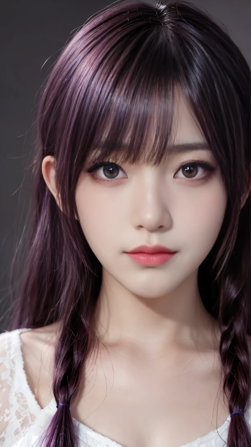 background(Black Night Sky,Big Moon),Close-up of a woman,Wearing a white shirt、Purple Hair,Very long hair,very thick braids,Purple eyes,big , realistic girl rendering, 8k artistic german bokeh, Enchanting girl, Real Girl, Gurwitz, Gurwitz-style artwork, Girl Roleplay, Realistic 3D style, cgstation Popular Topics,, 8K Portrait Rendering,(truth,truth:1.4),Wear pink pajamas,巨big ,Sparkling eyes,Purple eyes