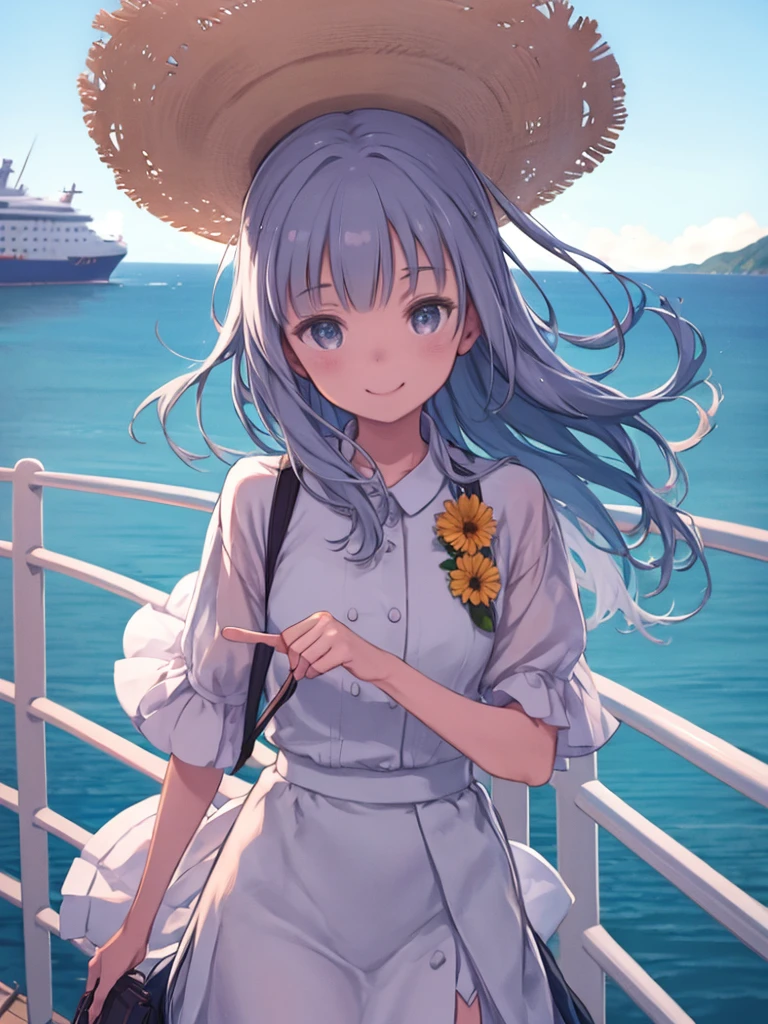 masterpiece、highest quality、High resolution、Very detailed、Beautiful eyeedium wide shot、Girl、Wide-brimmed hat、On the ferry、passenger ship、deck、fence、View、smile、Hair blowing in the wind、Skirt fluttering in the wind、fenceに手を当てる、On the go、Ocean、