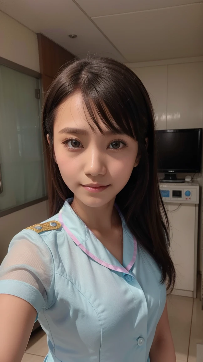 Upper body of a Gorgeous woman, twenty five years old, Indonesian, happy, mesmerizing eyes, wearing nurse uniform, hospital