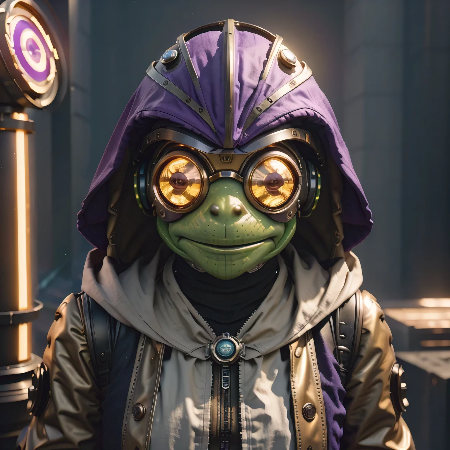 there is a (((steam punk))) frog with purple eyes and a purple cape, kermit the frog as thanos, cyberpunk frog, fantasy style 8 k octane render, super detailed render, small character. unreal engine 5, hyperdetailed fantasy character, unreal 5 engine highlly render, rendered in redshift, hq 4k wallpaper, sci-fi lizard alien, unreal 5 render, alien frog,Green frog，Eyes are purple，Draped in a purple cloak, Kermit the Frog as Thanos, cyberpunk frog, fantasy style 8 k octane render, Ultra-detailed rendering, Personagem pequeno. Unreal Engine 5, Super detailed fantasy characters, Unreal Engine 5 Highly Rendered, Redshift rendering, HD 4K Wallpaper, Sci-fi lizard alien, Unreal 5 Rendering, alien frog,Close ups of robots with lights on their heads, online steampunk 8 k 3 D, 3 D render Beppur , 8 K fine digital art, fantasy style 8 k octane rendering, small characters Unreal Engine 5, Buppur Octane rendering, 3 D rendering digital art, (Octane rendering) fantasy style, 8 k solar punk wallpaper，Close-up of a robot with a light on its head, cyber steampunk 8 k 3 d, 3 d render Bepple, 4K Detailed Digital Art, Fantasy style 8 k Octane Rendering, Personagem pequeno. Unreal Engine 5, Bepple. Octane Rendering, 3d rendering digital art, (one) Fantasy style, 4k solar punk wallpaperone