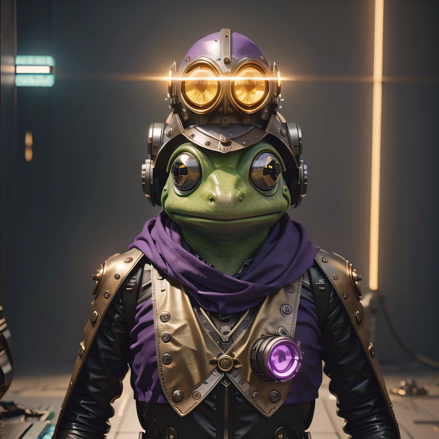 there is a (((steam punk))) frog with purple eyes and a purple cape, kermit the frog as thanos, cyberpunk frog, fantasy style 8 k octane render, super detailed render, small character. unreal engine 5, hyperdetailed fantasy character, unreal 5 engine highlly render, rendered in redshift, hq 4k wallpaper, sci-fi lizard alien, unreal 5 render, alien frog,Green frog，Eyes are purple，Draped in a purple cloak, Kermit the Frog as Thanos, cyberpunk frog, fantasy style 8 k octane render, Ultra-detailed rendering, Personagem pequeno. Unreal Engine 5, Super detailed fantasy characters, Unreal Engine 5 Highly Rendered, Redshift rendering, HD 4K Wallpaper, Sci-fi lizard alien, Unreal 5 Rendering, alien frog,Close ups of robots with lights on their heads, online steampunk 8 k 3 D, 3 D render Beppur , 8 K fine digital art, fantasy style 8 k octane rendering, small characters Unreal Engine 5, Buppur Octane rendering, 3 D rendering digital art, (Octane rendering) fantasy style, 8 k solar punk wallpaper，Close-up of a robot with a light on its head, cyber steampunk 8 k 3 d, 3 d render Bepple, 4K Detailed Digital Art, Fantasy style 8 k Octane Rendering, Personagem pequeno. Unreal Engine 5, Bepple. Octane Rendering, 3d rendering digital art, (one) Fantasy style, 4k solar punk wallpaperone