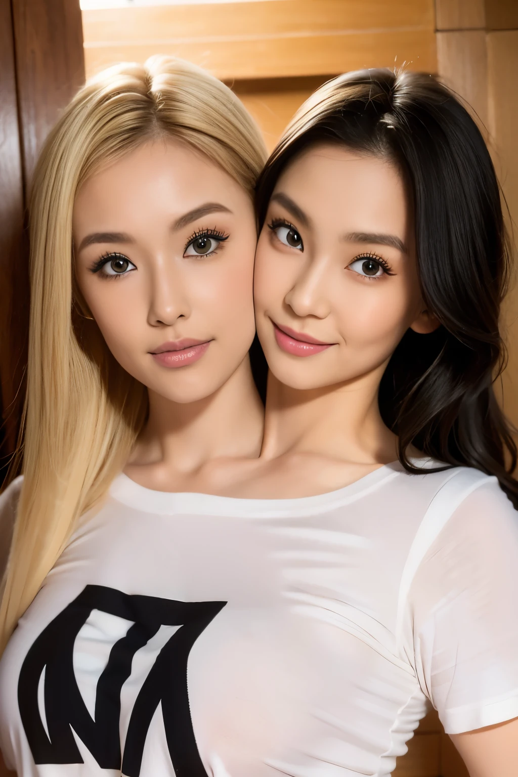 best resolution, 2heads, half-body shot, conjoined, dicephalus, two japanese woman with two heads , blonde hair, black hair, different faces, kissing, t-shirt, indoor background