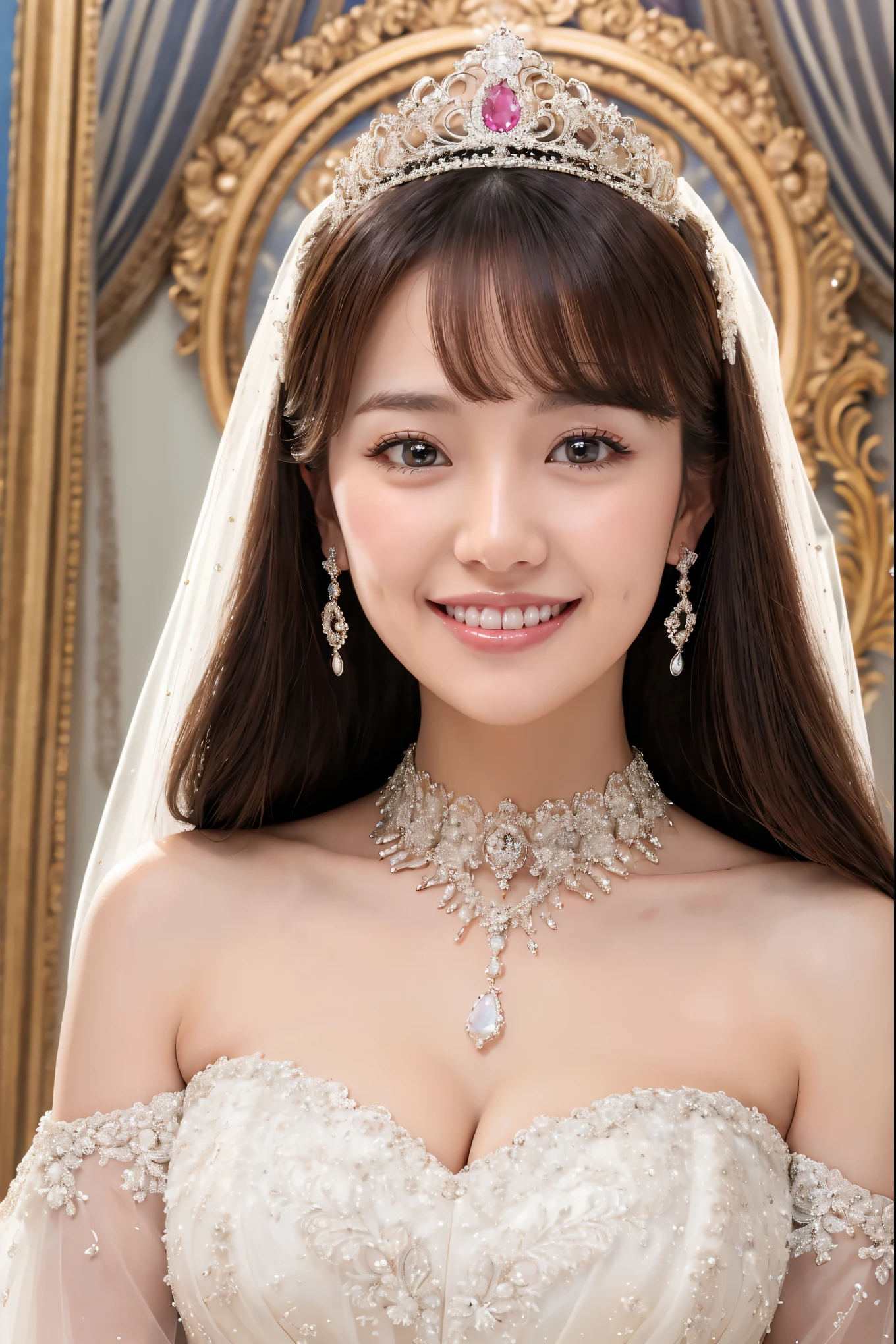 (highest quality、Tabletop、8k、Best image quality、Award-winning works)、One beautiful bride、Princess in a wedding dress、(alone:1.1)、(The most extravagant and gorgeous huge wedding dresses:1.1)、(Perfect Wedding Lace:1.2)、(The most extravagant and luxurious giant tiara:1.1)、(The most extravagant and luxurious giant necklace:1.1)、The most beautiful smile is looking at me、A wide selection of the finest jewellery、(Bridal upper body photo:1.1)、Perfect Makeup、Long eyelashes、Ultra HD Shining Eyes、Ultra HD Hair、Ultra High Resolution Glossy Lips、Ultra High Resolution Perfect Teeth、Beautiful face in ultra-high definition、(Accurate anatomy:1.1)、(Very bright and beautiful skin:1.2)、(very bright and vivid:1.2)、The most luxurious and extravagant princess bedroom background