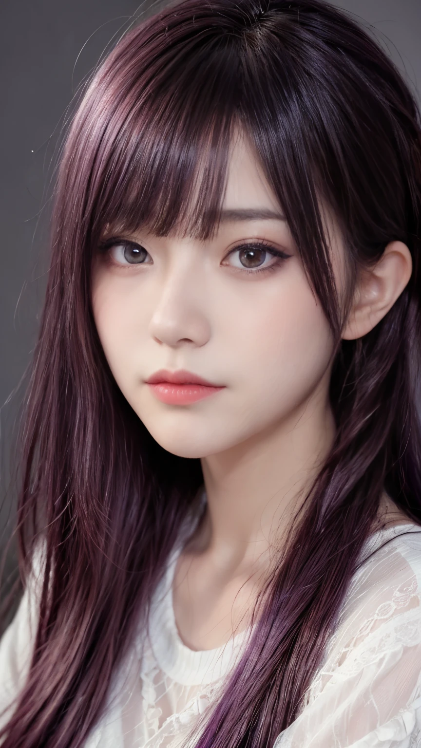 background(Black Night Sky,Big Moon),Close-up of a woman,Wearing a white shirt、Purple Hair,Very long hair,very thick braids,Purple eyes,big , realistic girl rendering, 8k artistic german bokeh, Enchanting girl, Real Girl, Gurwitz, Gurwitz-style artwork, Girl Roleplay, Realistic 3D style, cgstation Popular Topics,, 8K Portrait Rendering,(truth,truth:1.4),Wear pink pajamas,巨big ,Sparkling eyes,Purple eyes