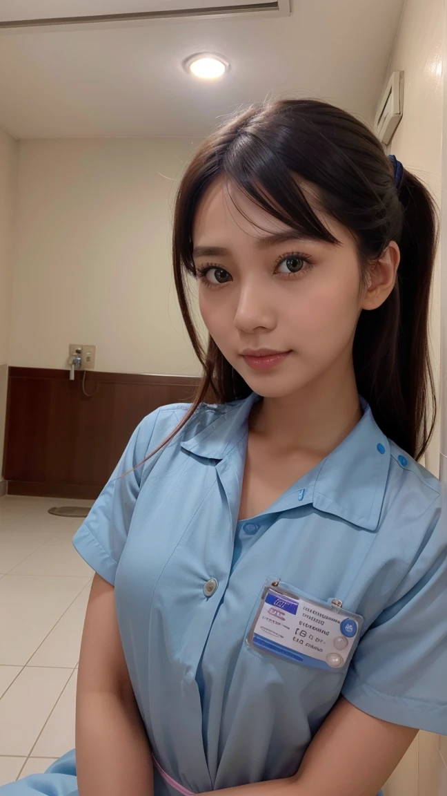 Upper body of a Gorgeous woman, twenty five years old, Indonesian, happy, mesmerizing eyes, wearing nurse uniform, hospital