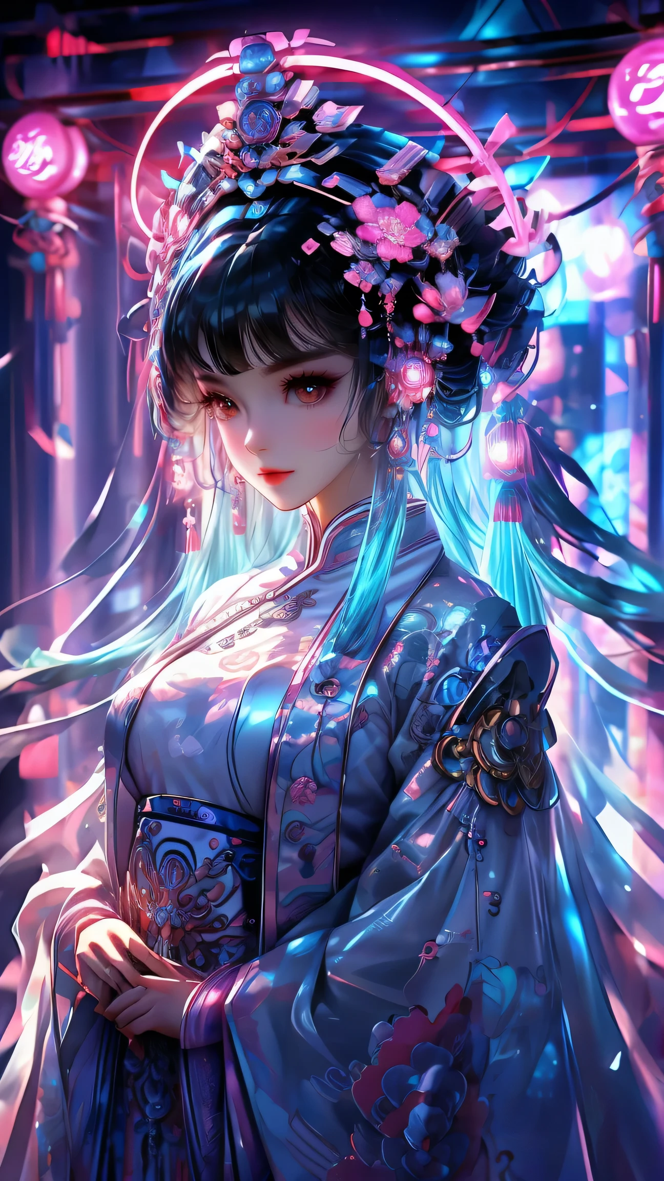 1 girl, chinese_clothes, in white and pink, cyberhanfu, Cheongsam, cyberpunk city, dynamic pose, Headdress, hair ornament, long hair, cyberpunk, a high-tech city, full of machinery and futuristic element, futurism, technology, aqua hair, divine goddess, huge breasts, queen, lace, lace trim, pearl necklace, gold, jewelry, tiara, neon, diamonds, looking at viewer, epic, grand curtains, indoors, standing on stage
