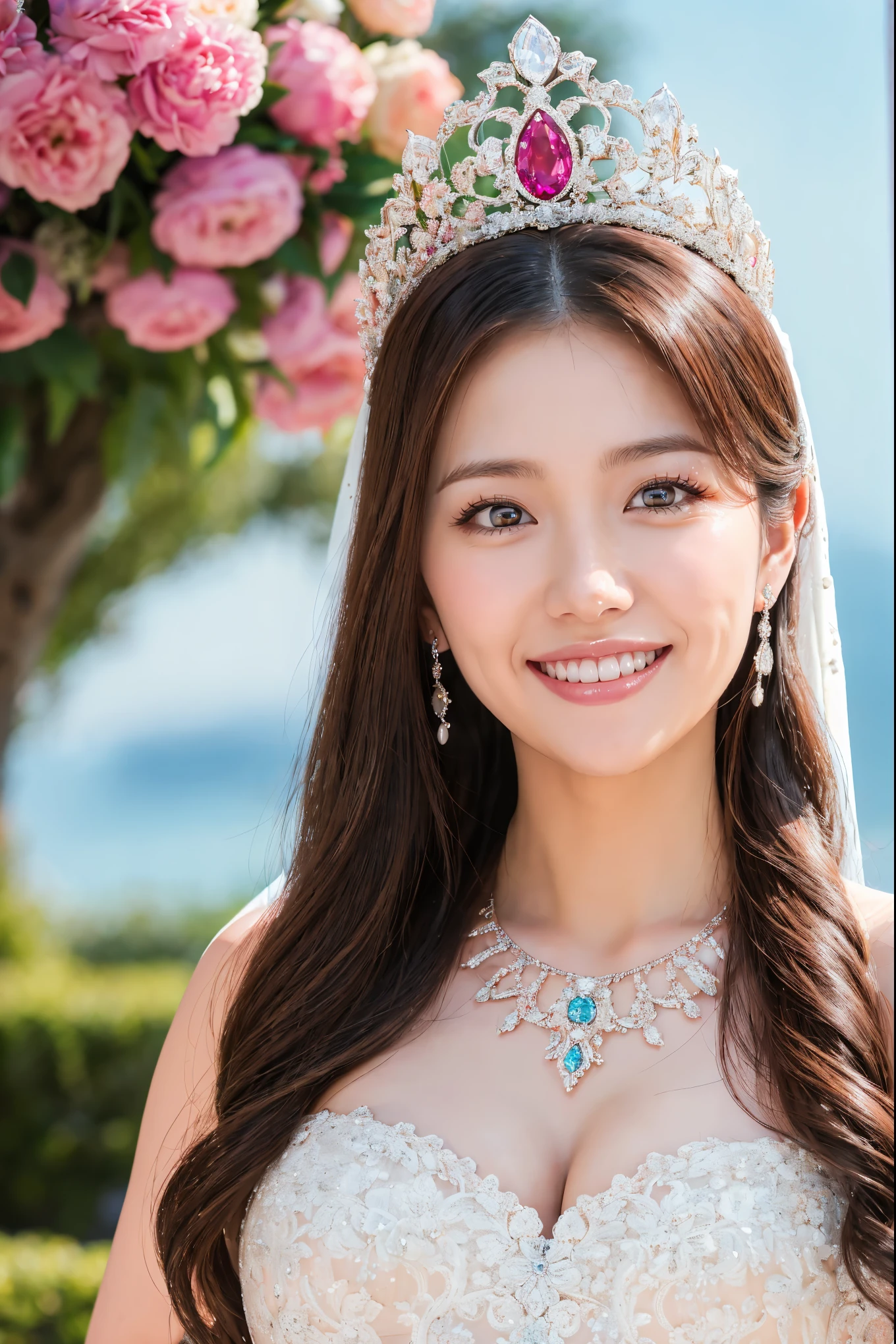 (highest quality、Tabletop、8k、Best image quality、Award-winning works)、One beautiful bride、(alone:1.1)、(The most extravagant and gorgeous huge wedding dresses:1.1)、(Perfect Wedding Lace:1.2)、(The most extravagant and luxurious giant tiara:1.1)、(The most extravagant and luxurious giant necklace:1.1)、The most beautiful smile is looking at me、A wide selection of the finest jewellery、(Bridal upper body photo:1.1)、Perfect Makeup、Long eyelashes、Ultra HD Shining Eyes、Ultra HD Hair、Ultra High Resolution Glossy Lips、Ultra High Resolution Perfect Teeth、Beautiful face in ultra-high definition、(Accurate anatomy:1.1)、(Very bright and beautiful skin:1.2)、(very bright and vivid:1.2)、Luxury wedding venue background
