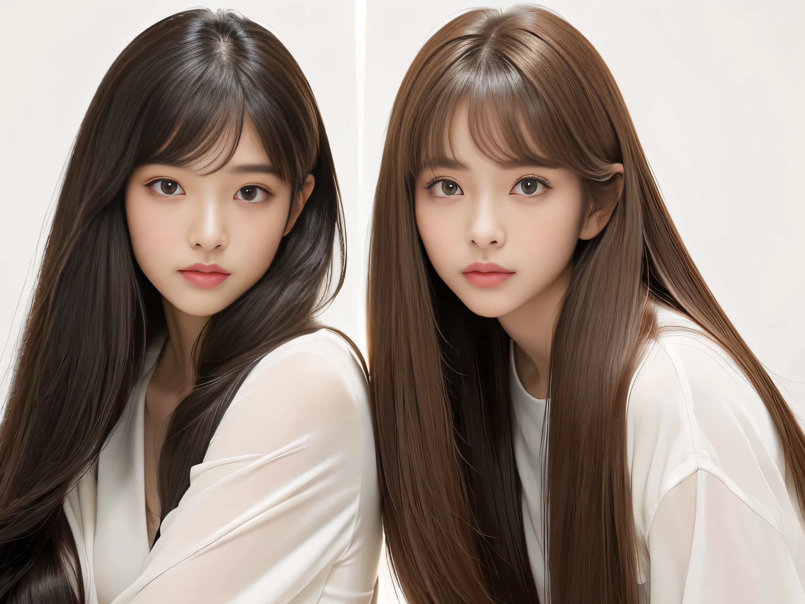(They are identical twins and are practically clones.　Hairstyle、The hair color is the same　Shoot in the same space)　((They face each other and hold each other tightly:1.8))　(They look happy to see the viewers.)　((A close-up of the faces of both people, showing their entire faces and heads.))　((Beautiful 24 year old hair model with long light brown hair　Fell straight down　Reaches up to the kneeVery long hair　highest quality　Highest detail　Reaches up to the knee、Very long hair that lasts forever:1.3　Flowing Hair　私ncredibly straight hair　Very shiny そして thick hair　Abnormally long hair that lasts forever　Flowing Hair on both ends　long hair up to the knees:1.2　long hair up to the knees:1.2　Thick and shiny hair　Very free hair　Abnormally long hair!!!!!　Beautiful silky hair　　Beautiful and shiny hair　Beautiful and shiny hair　Beautiful silky hair　Hair that grows to the knees　Very very, Very long hair!!!!!　Very very, Very long hair!!!!!))　(highest quality　The best ultra-fine　Reaches up to the knee、Very long hair that lasts forever　Flowing Hair　Her hair is gently permed　Very shiny そして thick hair　Abnormally long hair that lasts forever　Flowing Hair on both ends　long hair up to the knees:1.2　long hair up to the knees:1.2　Thick and shiny hair　Very free hair　Abnormally long hair!!!!!　Beautiful silky hair　Super long hair down to the knees　Beautiful and shiny hair　Beautiful and shiny hair　Beautiful silky hair　Hair that grows to the knees　Very very, Very long hair!!!!!　Very very, Very long hair!!!!!))　(Her bangs are perfectly trimmed and straight down.:1.3)　((Her hair color is light brown:1.5))　(Pure white wall background:1.8 Pure White Sofa)　(Japan&#39;The sexiest and most beautiful 24 year old model)　(She looks at the viewer with a very seductive expression......)　((highest quality)), ((masterpiece)), (Familiar)　(Get used to it)　Perfect Face　(Her skin is a typical Japanese skin color..　And very detailed)　　(Big Breasts:1.3)　(She is wearing a shiny white camisole.)　(She has a beautiful face and a typical Japanese figure...., Narrow eyes)　(She has perfect 美しい and sexy makeup and face　Lipstick is light red　A solid eyeliner)　((Rich 1.4))　(Extremely detailed 8K)　(Ultra-fine skin texture 1.4)　(Actual, Vibrant:1.4), double eyelid　Sharp focus:1.2、Beautiful woman:1.4　Dynamic Lighting　(Genuine RAW photos taken by professional photographers)　　Professional Hair Shine.　(She has a bright and cheerful face)　(Her face is slim and dignified.., length, Narrow eyes..々Nice face)　