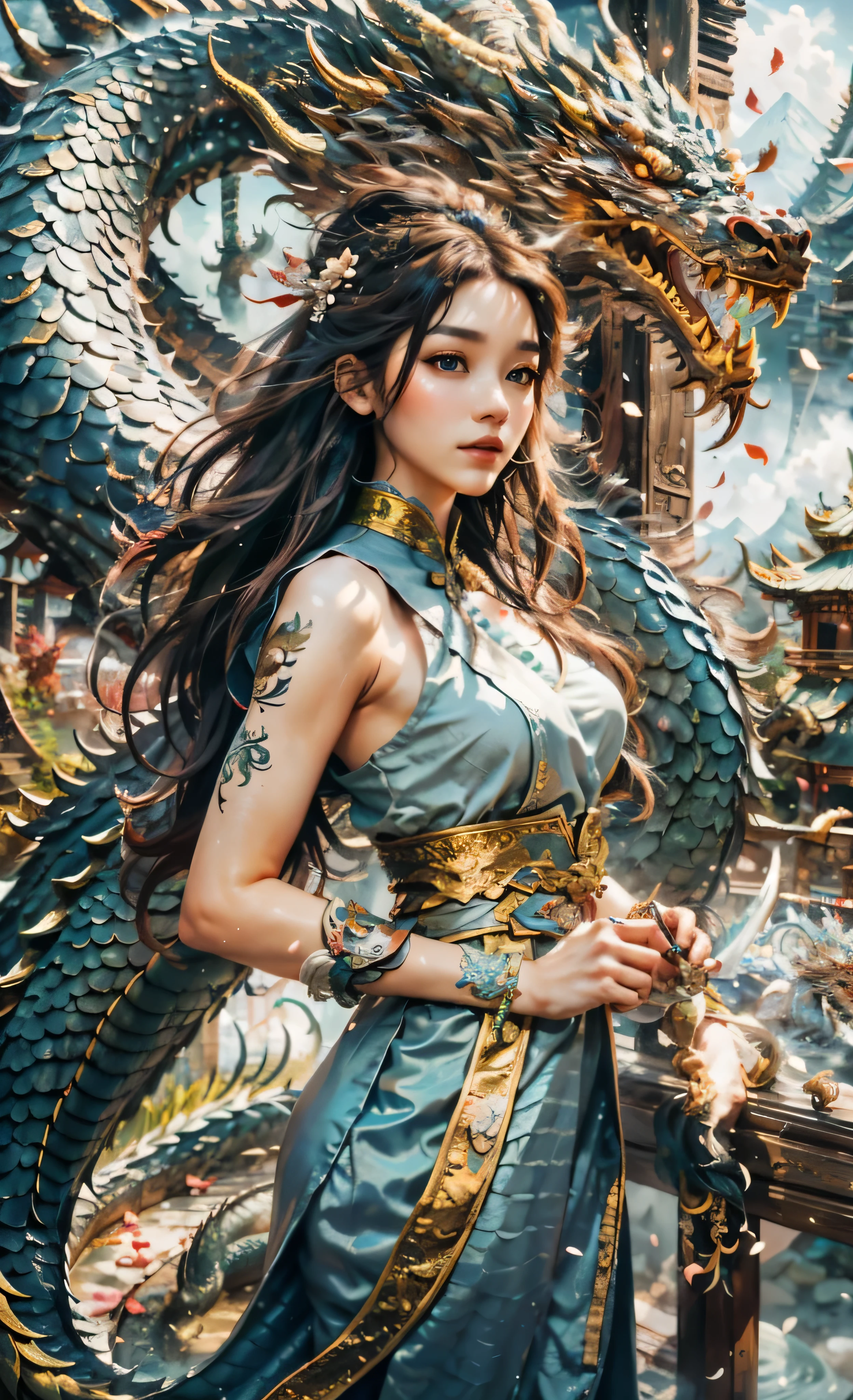 arafa woman in a blue dress with a dragon on her shoulder, Alice X. zhang, estilo de arte de fantasia, fantasia chinesa, arte de fantasia digital ), 2. arte de fantasia de anime 5 d cgi, uma linda imperatriz de fantasia, linda arte digital, linda pintura de personagem, Arte detalhada de alta qualidade em 8K, arte de fantasia detalhada, trending arte de fantasia digital, epic estilo de arte de fantasia hd