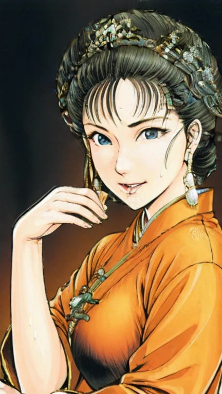 (best quality), (very aesthetic), (ultra-detailed), (best illustration),a mature female,Perfect Face,Suikoden,Mrs. Lin,(full_body),big breast,red cheek,Sweating,skinny, chinese traditional clothes,chinese traditional style bed,
