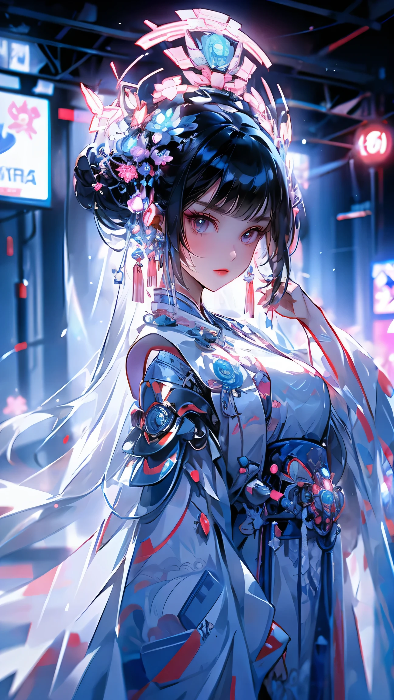 1 girl, chinese_clothes, in white and pink, cyberhanfu, Cheongsam, cyberpunk city, dynamic pose, Headdress, hair ornament, long hair, cyberpunk, a high-tech city, full of machinery and futuristic element, futurism, technology, aqua hair, divine goddess, huge breasts, queen, lace, lace trim, pearl necklace, gold, jewelry, tiara, neon, diamonds, looking at viewer, epic, grand curtains, indoors, standing on stage