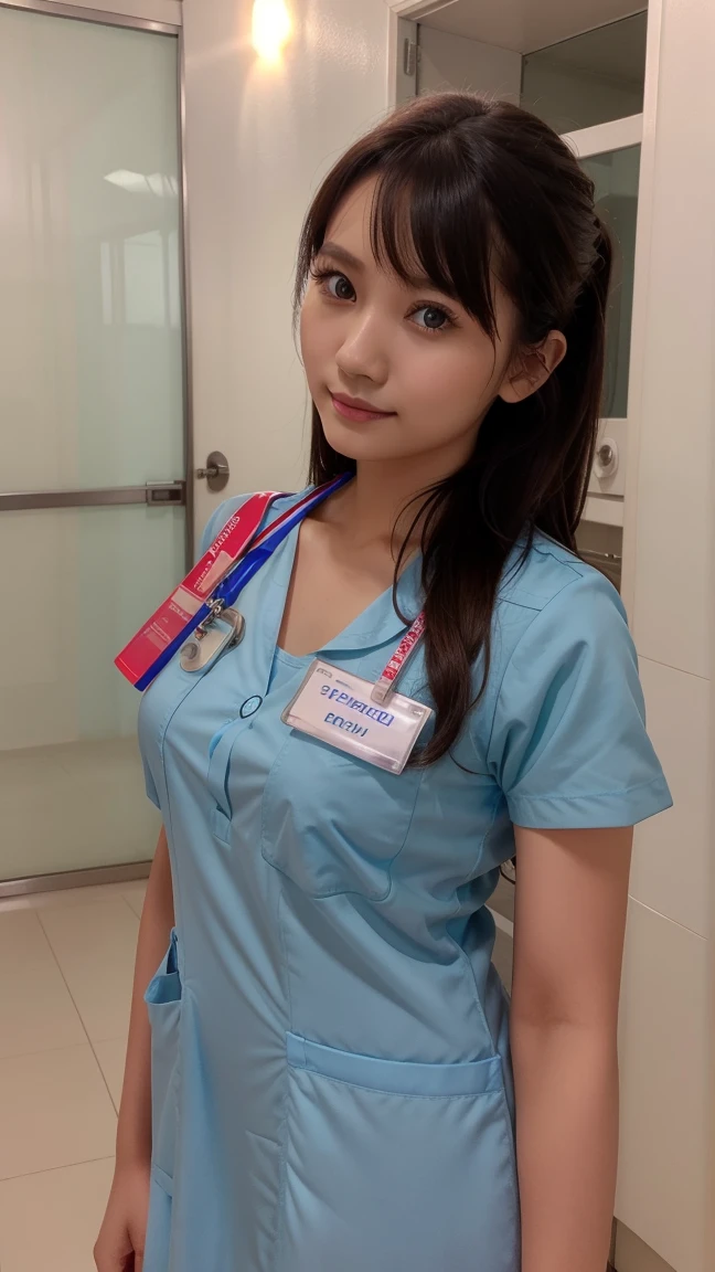 Upper body of a Gorgeous woman, twenty five years old, Indonesian, happy, mesmerizing eyes, wearing nurse uniform, hospital