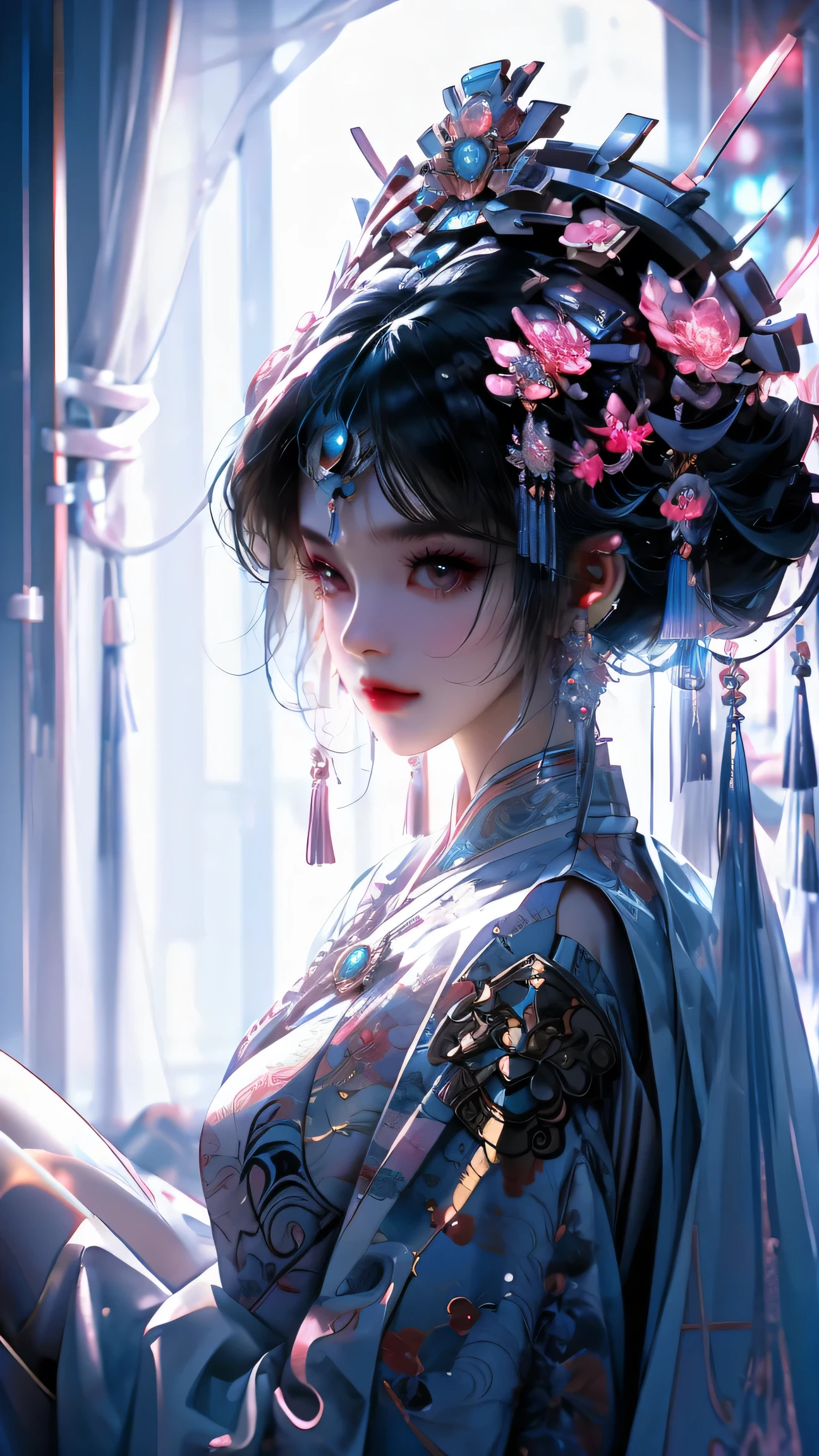 1 girl, chinese_clothes, in white and pink, cyberhanfu, Cheongsam, cyberpunk city, dynamic pose, Headdress, hair ornament, long hair, cyberpunk, a high-tech city, full of machinery and futuristic element, futurism, technology, aqua hair, divine goddess, huge breasts, queen, lace, lace trim, pearl necklace, gold, jewelry, tiara, neon, diamonds, looking at viewer, epic, grand curtains, indoors, sitting on sofa