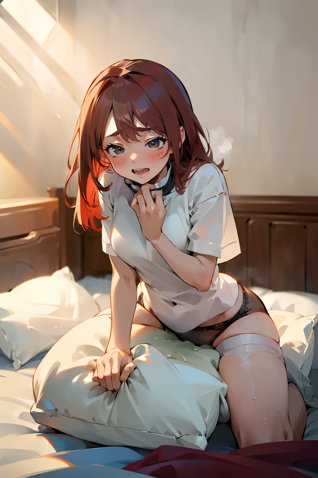 (masterpiece:1.37),solo girl, humping a pillow, on a bed, red hair, green eyes, white shirt, black panties, white stockings, (uncontrollable pleasure:1.5), (heavy breathing:1.2), (eyes half closed), sunray, morning, sunlight, (moaning:1.2).