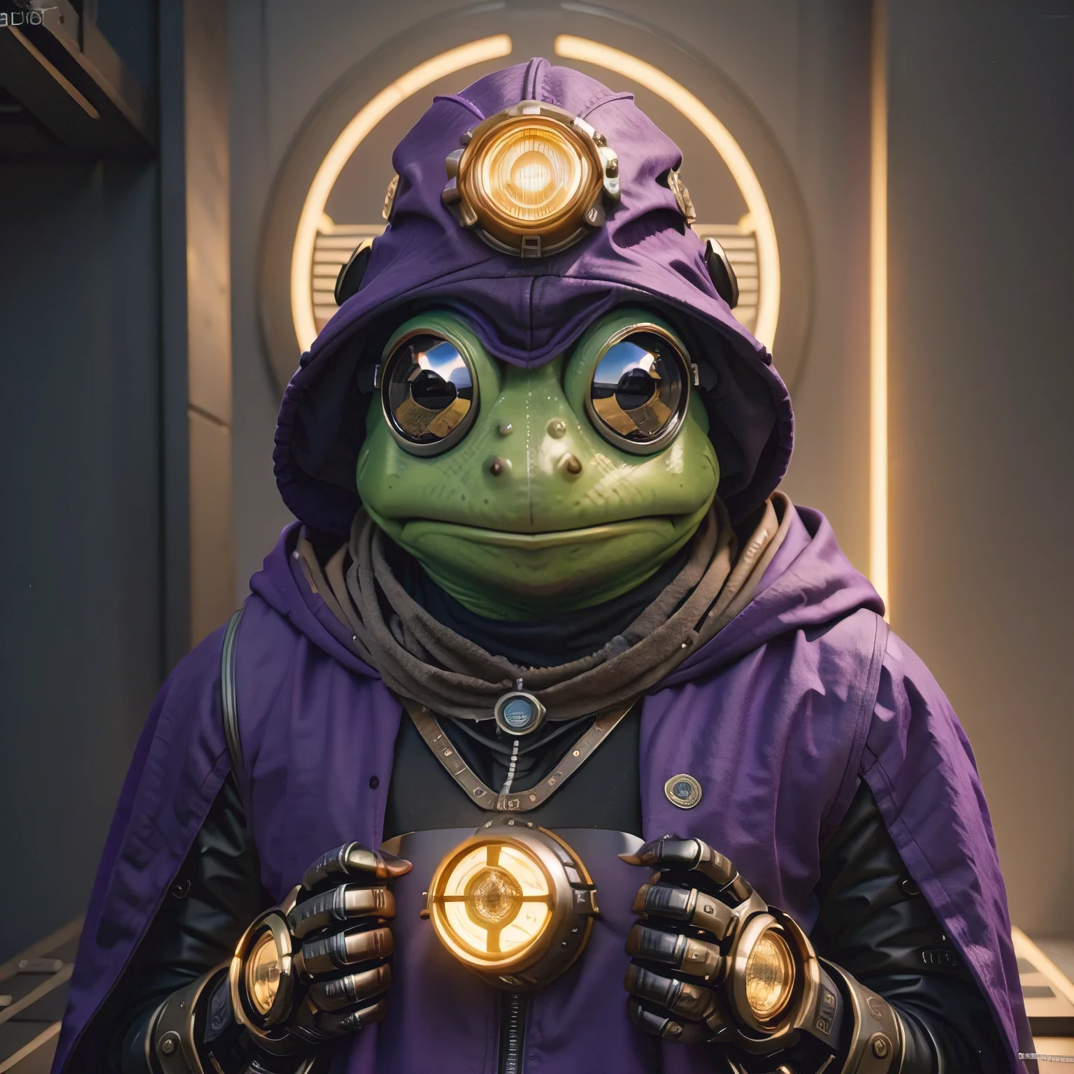 there is a (((steam punk))) frog with purple eyes and a purple cape, kermit the frog as thanos, cyberpunk frog, fantasy style 8 k octane render, super detailed render, small character. unreal engine 5, hyperdetailed fantasy character, unreal 5 engine highlly render, rendered in redshift, hq 4k wallpaper, sci-fi lizard alien, unreal 5 render, alien frog,Green frog，Eyes are purple，Draped in a purple cloak, Kermit the Frog as Thanos, cyberpunk frog, fantasy style 8 k octane render, Ultra-detailed rendering, Personagem pequeno. Unreal Engine 5, Super detailed fantasy characters, Unreal Engine 5 Highly Rendered, Redshift rendering, HD 4K Wallpaper, Sci-fi lizard alien, Unreal 5 Rendering, alien frog,Close ups of robots with lights on their heads, online steampunk 8 k 3 D, 3 D render Beppur , 8 K fine digital art, fantasy style 8 k octane rendering, small characters Unreal Engine 5, Buppur Octane rendering, 3 D rendering digital art, (Octane rendering) fantasy style, 8 k solar punk wallpaper，Close-up of a robot with a light on its head, cyber steampunk 8 k 3 d, 3 d render Bepple, 4K Detailed Digital Art, Fantasy style 8 k Octane Rendering, Personagem pequeno. Unreal Engine 5, Bepple. Octane Rendering, 3d rendering digital art, (one) Fantasy style, 4k solar punk wallpaperone