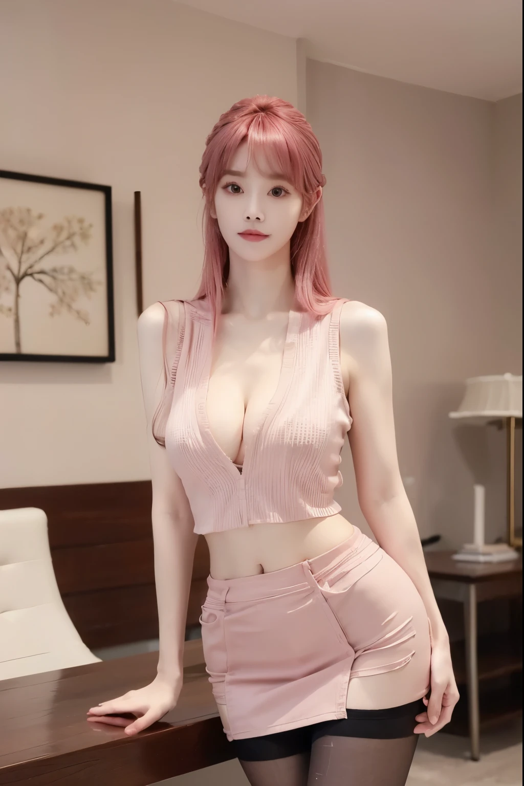 Beautiful woman with perfect body：1.4，Layered Hairstyle，Prominent cleavage，Highly detailed face and skin textures，Double eyelids，Skin Whitening，Long hair，Whitened long legs，Pink hair，（Tight-fitting sleeveless vest，miniskirt，Black pantyhose）standing in living room