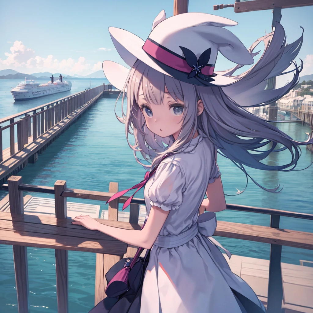 masterpiece、highest quality、High resolution、Very detailed、Beautiful eyeedium wide shot、Girl、On the ferry、passenger ship、deck、fence、View、Surprised、Hair blowing in the wind、Skirt fluttering in the wind、fenceに手を当てる、On the go、Ocean、Angle from behind、Looking Back、Hats flying in the air、