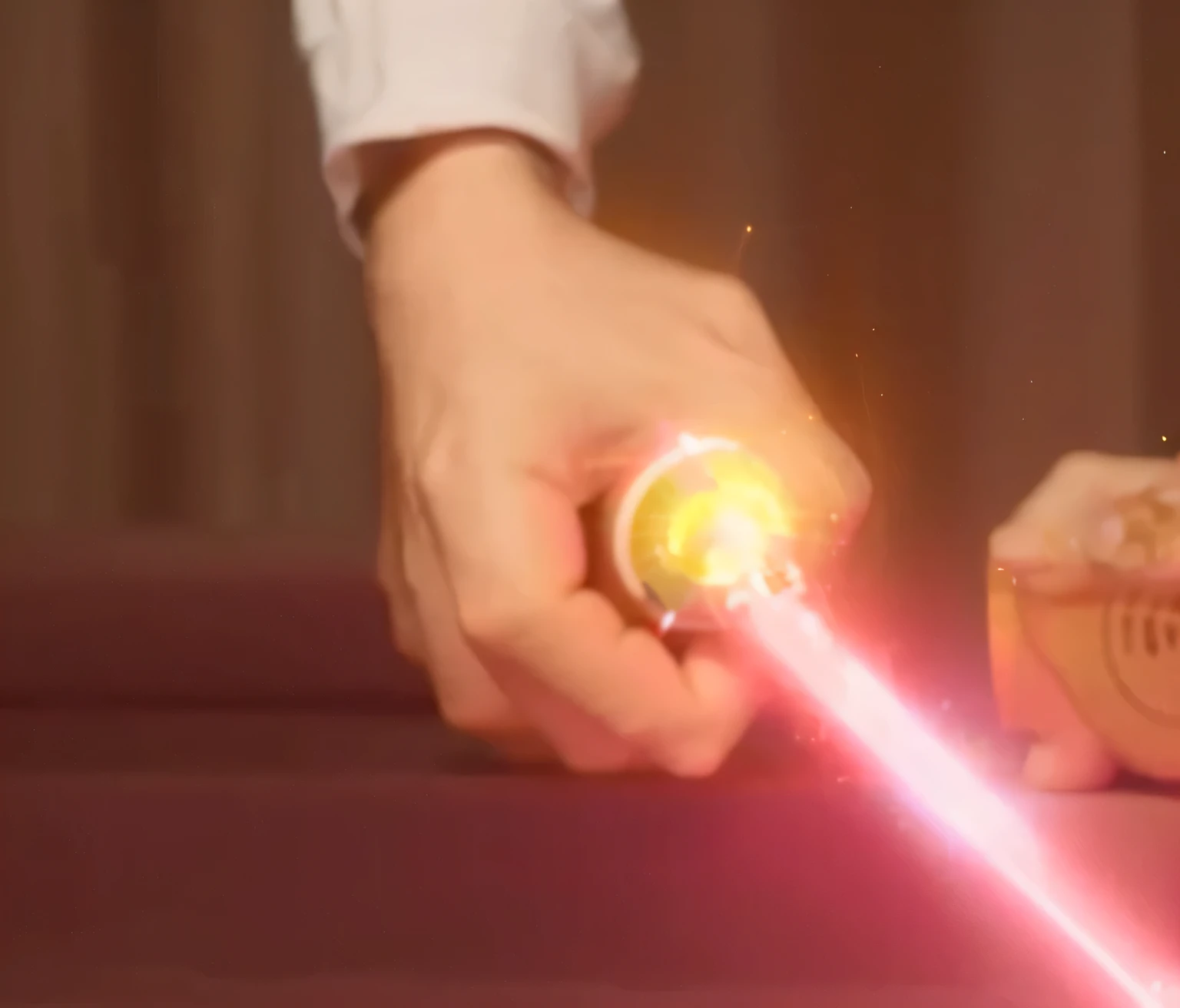 Someone is holding a pink lighter, Holding a red lightsaber, holding an activated lightsaber, without lightsaber, Holding a lightsaber, Holding a lightsaber, Holding a lightsaber, With a laser sword, He is performing lightning magic, Laser shooting, laser fire, With a laser gun, Star Wars Laser, Swinging Fireball