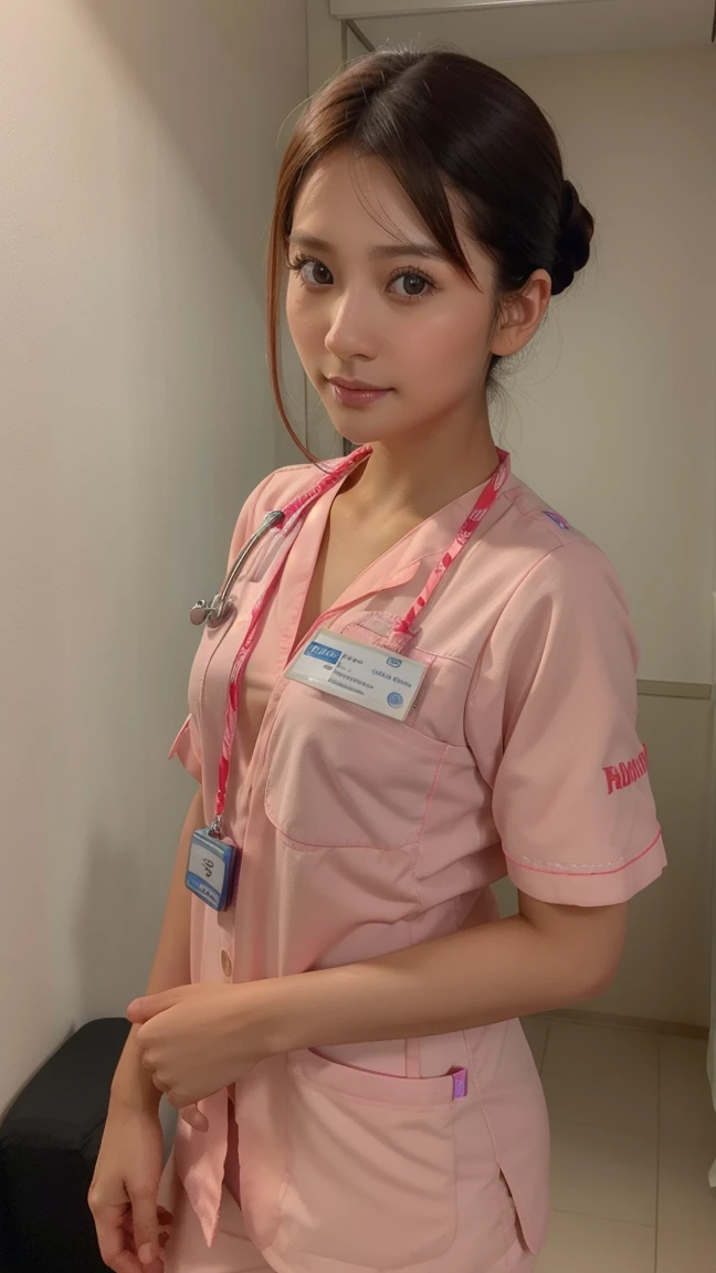 Upper body of a Gorgeous woman, twenty five years old, Indonesian, happy, mesmerizing eyes, wearing surgical scrubs nurse uniform, hospital