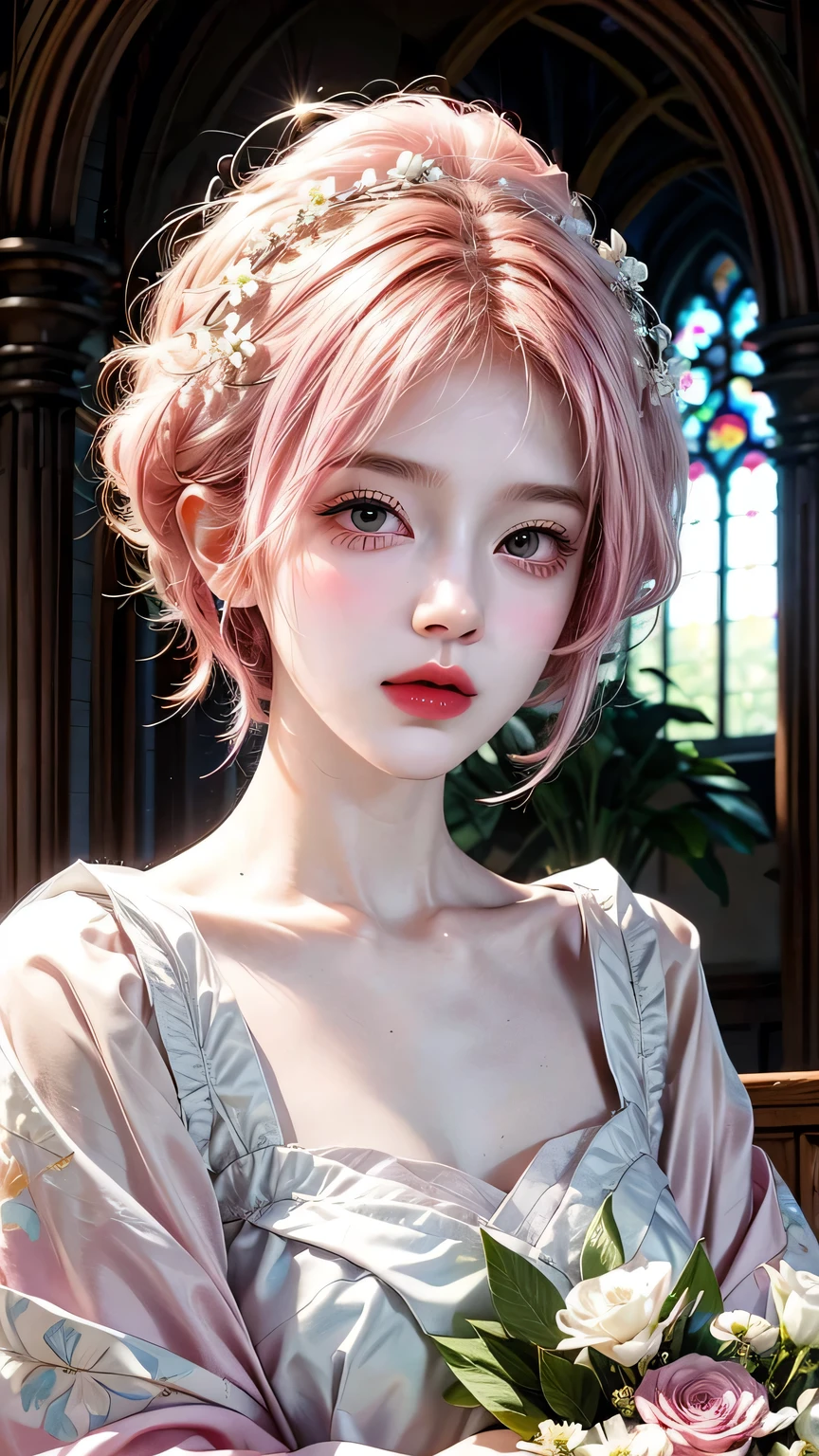 Haruno Sakura, ((Solitary)), Solitary, bride, Wearing a white wedding dress, Queen, Happy, ((The forehead is exposed)), permanent, Entering the church, Pink Hair, short hair, Beautifully, young, short hair, Delicate face, HD, ((whole body)), (The flowers around her), whole body, she is a fair woman getting married, face with high quality, fair, shining