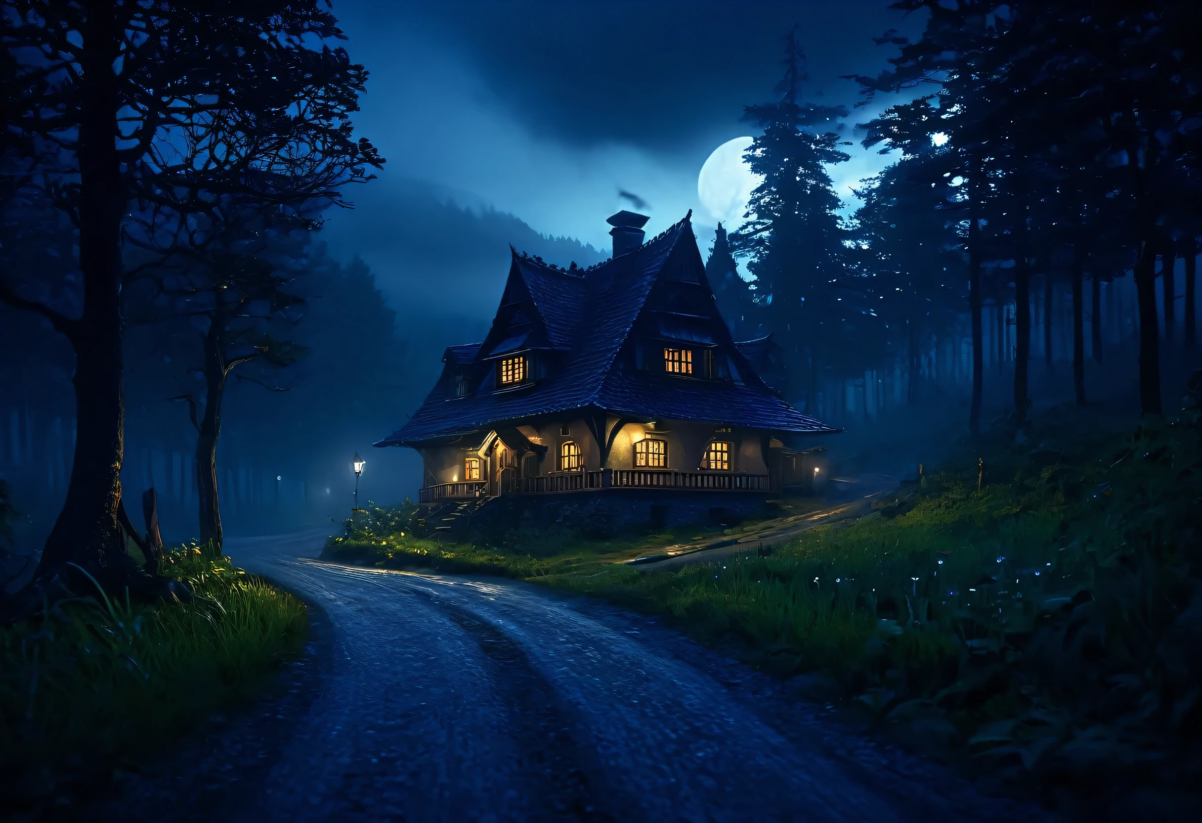 Night view of a house in the forest and the road leading to it, realistic fantasy render, Lighting with a fantastic atmosphere, Creepy and highly detailed, Beautiful depiction of a fairy tale, Photorealistic Dark Concept Art, Inspired by Andreas Rocha, Background artwork, Dark fantasy setting, Unreal Engine Fantasy Art, night village backgrounds, Gloomy fog fantasy art, Fantasy 3D Rendering, Realistic fantasy illustration