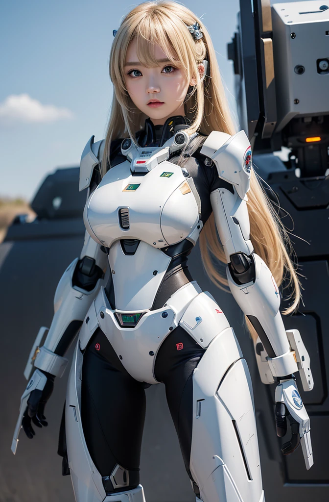 textured skin, Super Detail, High Detail, high quality, best quality, high resolution, 1080p, Hard Drive, fair,(robot),(Chest missile launcher),美しいrobotの女性,メカrobotガール,Battle Mode,girl (Charming model Nata Lee ) Possessing a mecha body, Light blonde hair, She is wearing a battle mech with weapons,full-body shot
