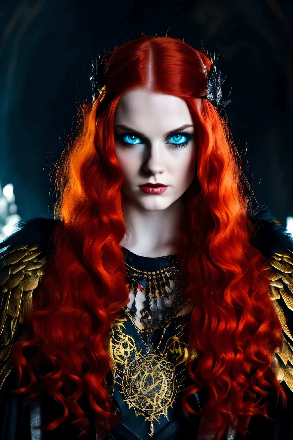 Sorceress, Scarlet hair, piercing blue eyes, black and gold clothing, fire