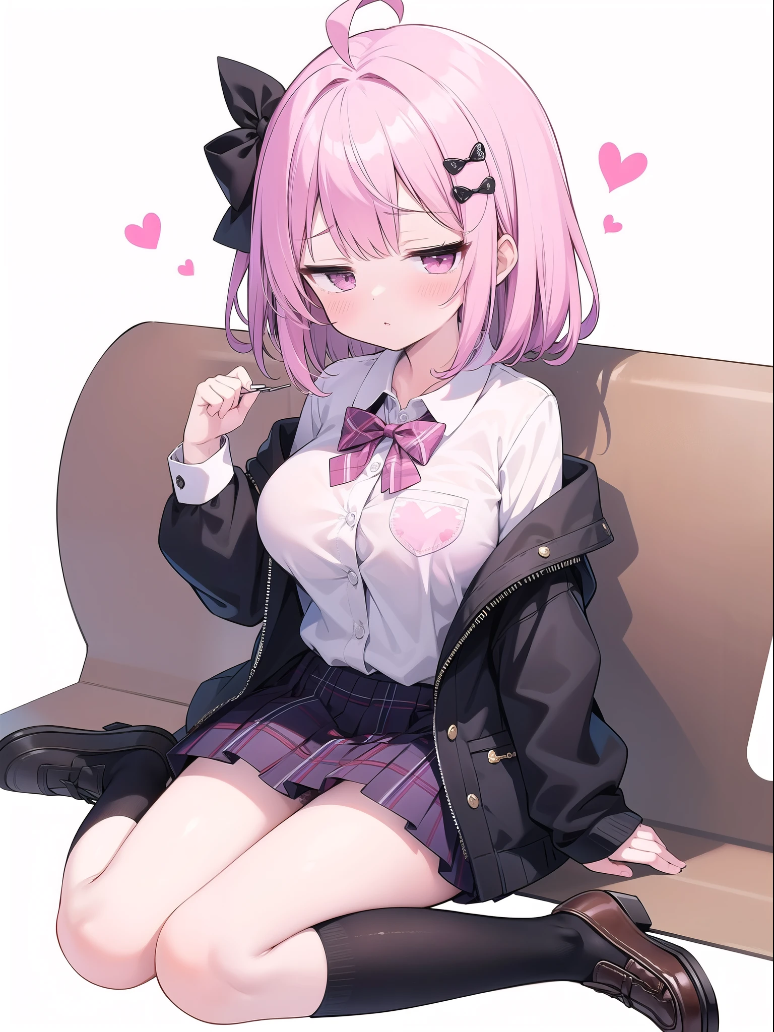 Pink Panties,Big breasts with legs spread,High Resolution 1girl Ahoge Bobby_pin bow bowtie braid brOwn_目s collared_shirt dojikko_Temporarily stop_shirt frilled_shirt_Color Free Joint_skirt frills hair_bow hair_ornament hairpin hand_in addition_Own_head, heart, heart_hair_Decorative hood_jacket jacket lin additiong_Pentagon Pink_hair plaid plaid_Ribbon Check_Pleated skirt_skirt shirt shoelaces shoes simple_background sitting skirt solo star_(symbol) twin_Braided Warisa White_Background bus stop_Knee socks, whole body