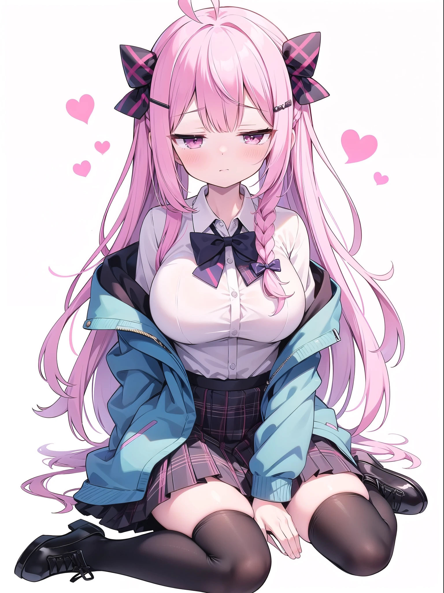 Pink Panties,Big breasts with legs spread,High Resolution 1girl Ahoge Bobby_pin bow bowtie braid brOwn_目s collared_shirt dojikko_Temporarily stop_shirt frilled_shirt_Color Free Joint_skirt frills hair_bow hair_ornament hairpin hand_in addition_Own_head, heart, heart_hair_Decorative hood_jacket jacket lin additiong_Pentagon Pink_hair plaid plaid_Ribbon Check_Pleated skirt_skirt shirt shoelaces shoes simple_background sitting skirt solo star_(symbol) twin_Braided Warisa White_Background bus stop_Knee socks, whole body