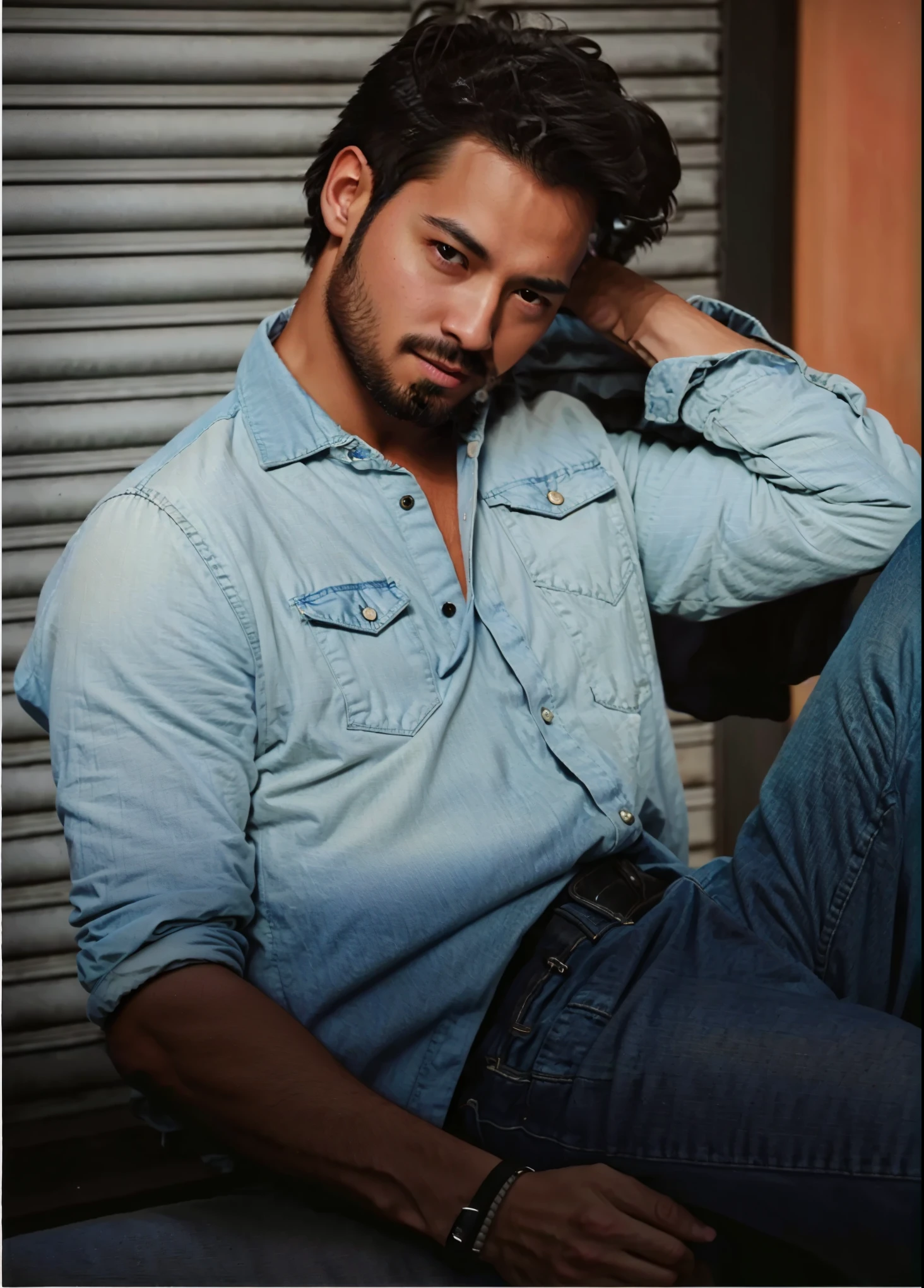 1man,
a 30 y.o muscularmale wearing long-sleeve stylish denim shirt, upper body,
soft lighting,
masterpiece, best quality, 8k uhd, dslr, film grain, Fujifilm XT3 photorealistic painting art by midjourney and greg rutkowski