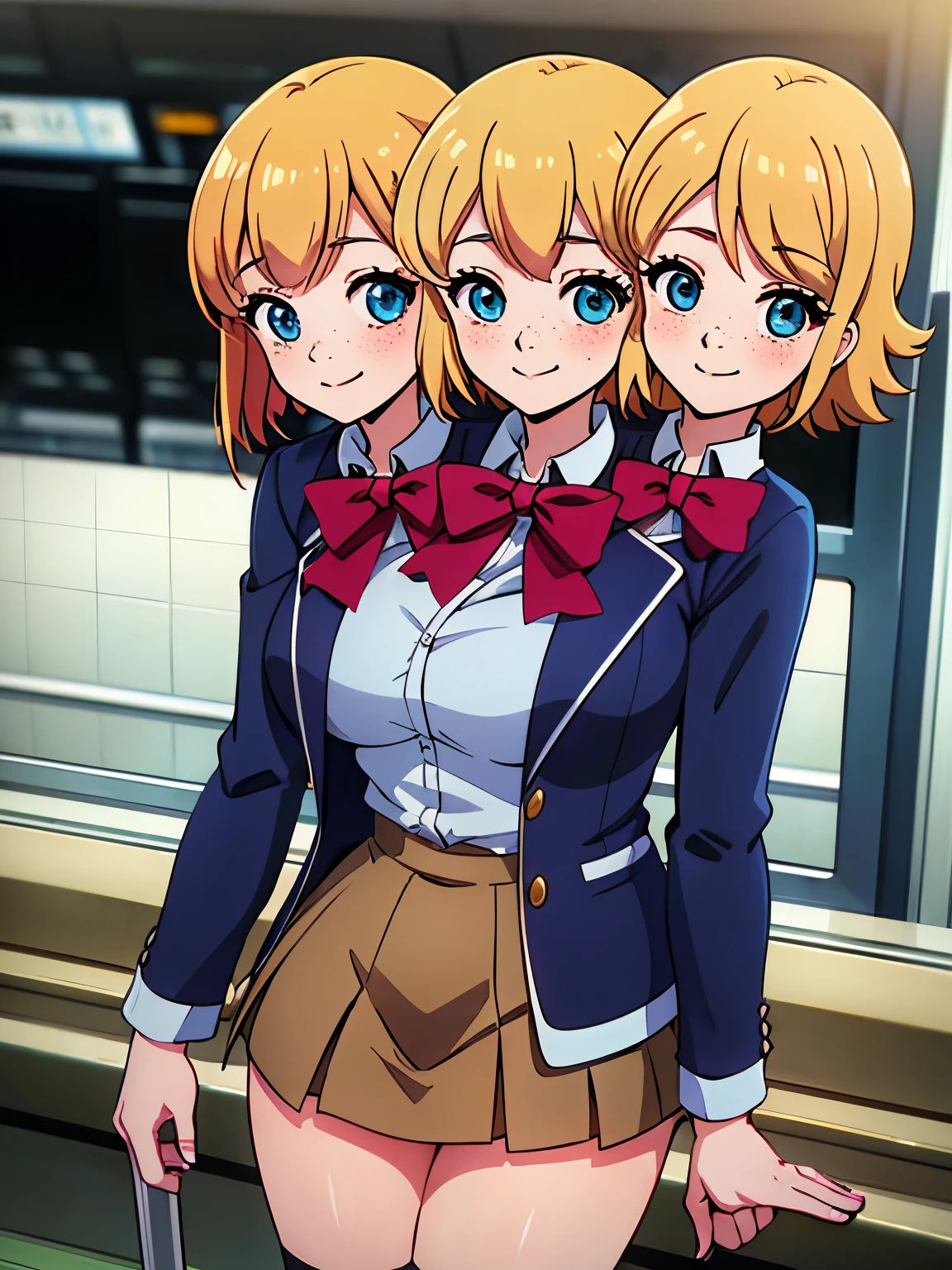 (masterpiece),(ultra-detailed), (high quality), (high resolution), (best quality:1.5, highres, UHD), highres, absurdo, ultra detail, ultra quality, Ultra resolution, 16k, ((2heads:1.5)), 1girl, ((anime girl with two heads)), (blonde hair) magenta blue blouse with jacket and a mini skirt with pleats, fingerless black gloves, suede shoes, freckles, gentle smile, tomboy, cowboy shot, railway station, blue eyes