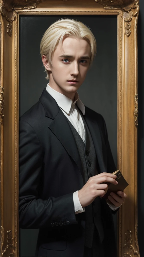 Draco Malfoy played by Tom Felton,Handsome，young，Beautiful vintage picture frame，oil painting style，Impression School，meticulous portrait