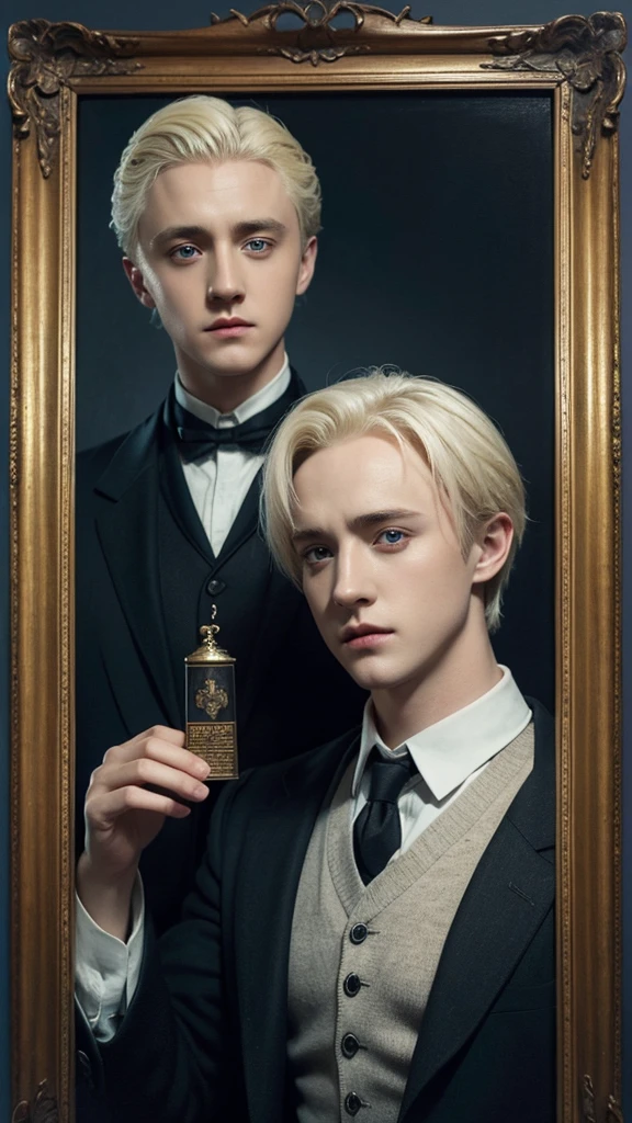 Draco Malfoy played by Tom Felton,Handsome,young,Beautiful vintage picture frame,oil painting style,Impression School,meticulous portrait