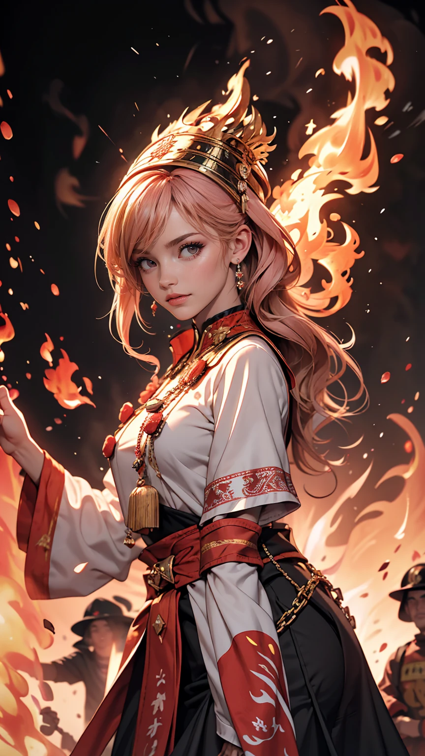 High Frequency: 1.8, Rich details, masterpiece, 8k, Beautiful priestess in a pink shirt standing in front of a fire, Dancing, Waving fan, The fan burns, Flames engulf the High Priestess, Burning battlefield background,  