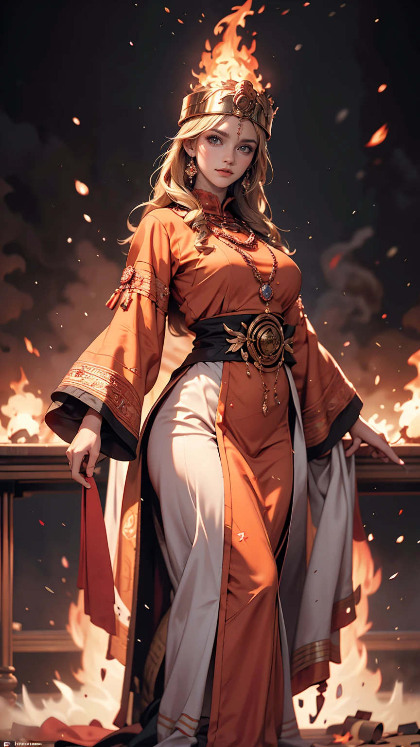 High Frequency: 1.8, Rich details, masterpiece, 8k, Beautiful priestess in a pink shirt standing in front of a fire, Dancing, Waving fan, The fan burns, Flames engulf the High Priestess, Burning battlefield background,  