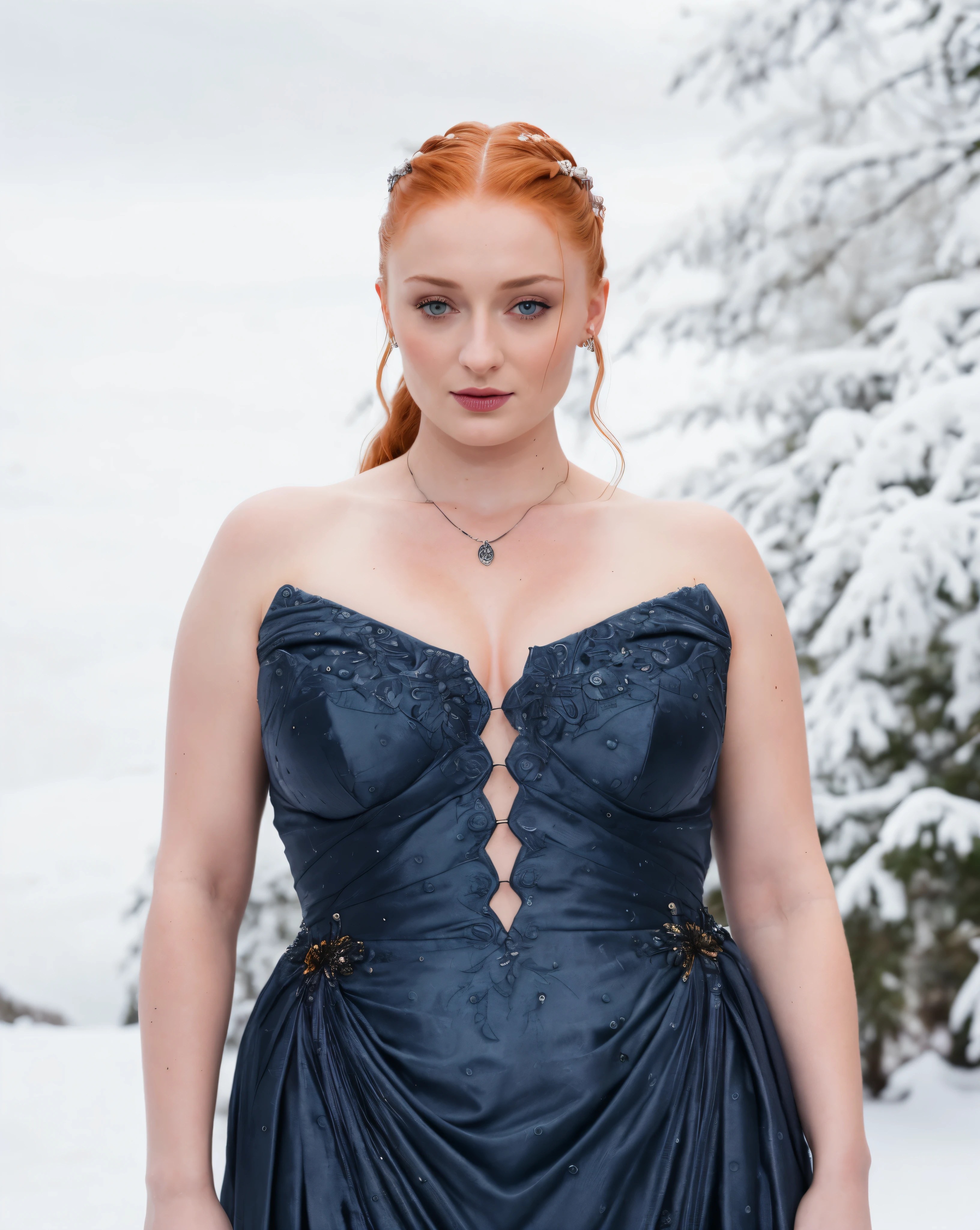 Face of Sophie Turner, Sansa Stark played by Sophie Turner, the de facto Lady of the Eyrie, is a 40-year-old mature queen with a stunning, alluring appearance. Full Face, pierced eyes, reddish lips, upper body shot, erotic Mediaeval costumes, game of thrones costumes, She wears a Game of Thrones-inspired costume and has a deep cleavage, a perfect thick body, and a perfect thick figure. The photograph captures her in a close-up, with her skin texture and facial features being ultra-realistic and realistic. Juicy thick figure, high quality skin, Skin pores, amazing details, snow, snow flakes, semi realistic, extremely detailed eyes, dark moody orange and black settings, cool environment, artificial intelligence, winter, winter scene,