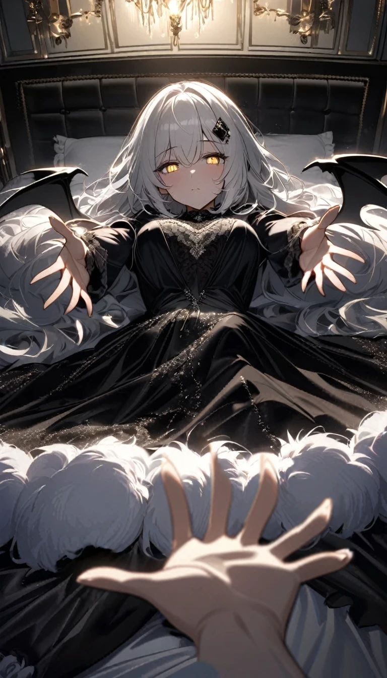 A woman, flowing white hair, melancholy eyes, yellow pupils, black diamond-shaped hairpin, tattered black dragon wings sprouting from her back, moonlight, arms up, incoming hug, pov, reaching, reaching towards viewer, looking at viewer, cowboy shot, dutch angle, lying down, a big fluffy and soft black silk bed, Luxurious and luxurious bedrooms