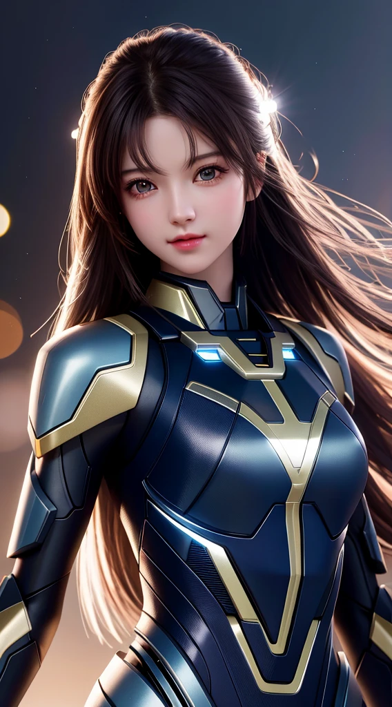best quality, masterpiece, high resolution, 1 Girl, Mecha suit, Pretty Face, Above_Body, Tyndall effect, Practical, Dark Studio, Side lighting, Two-color lighting, (High Detail Skin: 1.2), 8K Ultra HD, DSLR camera, soft light, high quality, Volumetric Lighting, frank, photo, high resolution, 4K, 8k, Bokeh