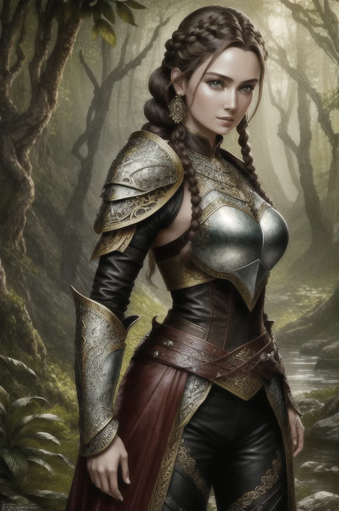 fantasy萨满, Beautiful Hungary|Indonesian woman, With braids, Wearing ornate leather armor, Practical render, Dungeons & Dragons, fantasy, Octane Rendering, Brushes. role conception, photoPractical, Unreal Engine, hyper-detailed, concept art, Popular on Art Station. ((best quality)), ((masterpiece)), ((Practical)), (detailed), Close-up portrait, Full body portrait, Hazel eyes, Wearing leather armor, highly detailed skin and hair, Looking at the audience, fantasy art, Stunning gradient colors, No watermark signature, Shut up, detailed background, Dense jungle, Shut up, insanely detailed, ((masterpiece)), absurd, HDR.