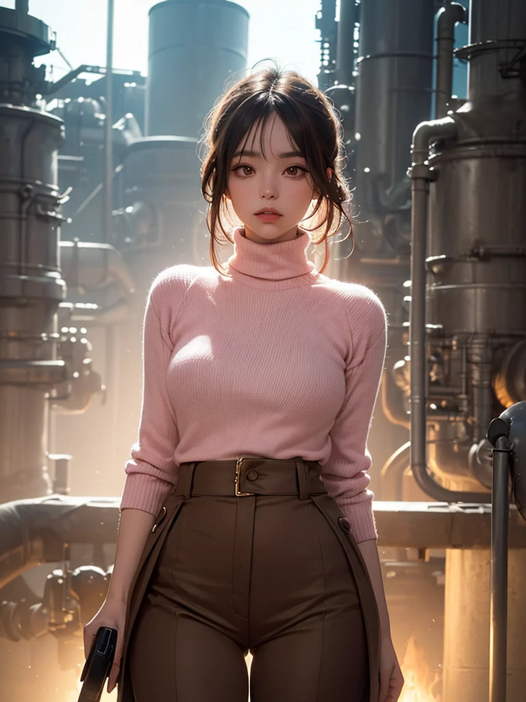 Mysterious atmosphere, atmosphere, Ethereal quality,Practical,Beautiful and beautiful,
Solitary,groin,Pink Turtleneck Sweater, Brown pants,(National Foundation:0.85),
,
power plant,
(Glowing atmosphere, Fascinating light, Luminous lighting, Ethereal atmosphere, Fascinating light, Evocative shades, Attractive colors, Dramatic Lighting, Enchanting aura),