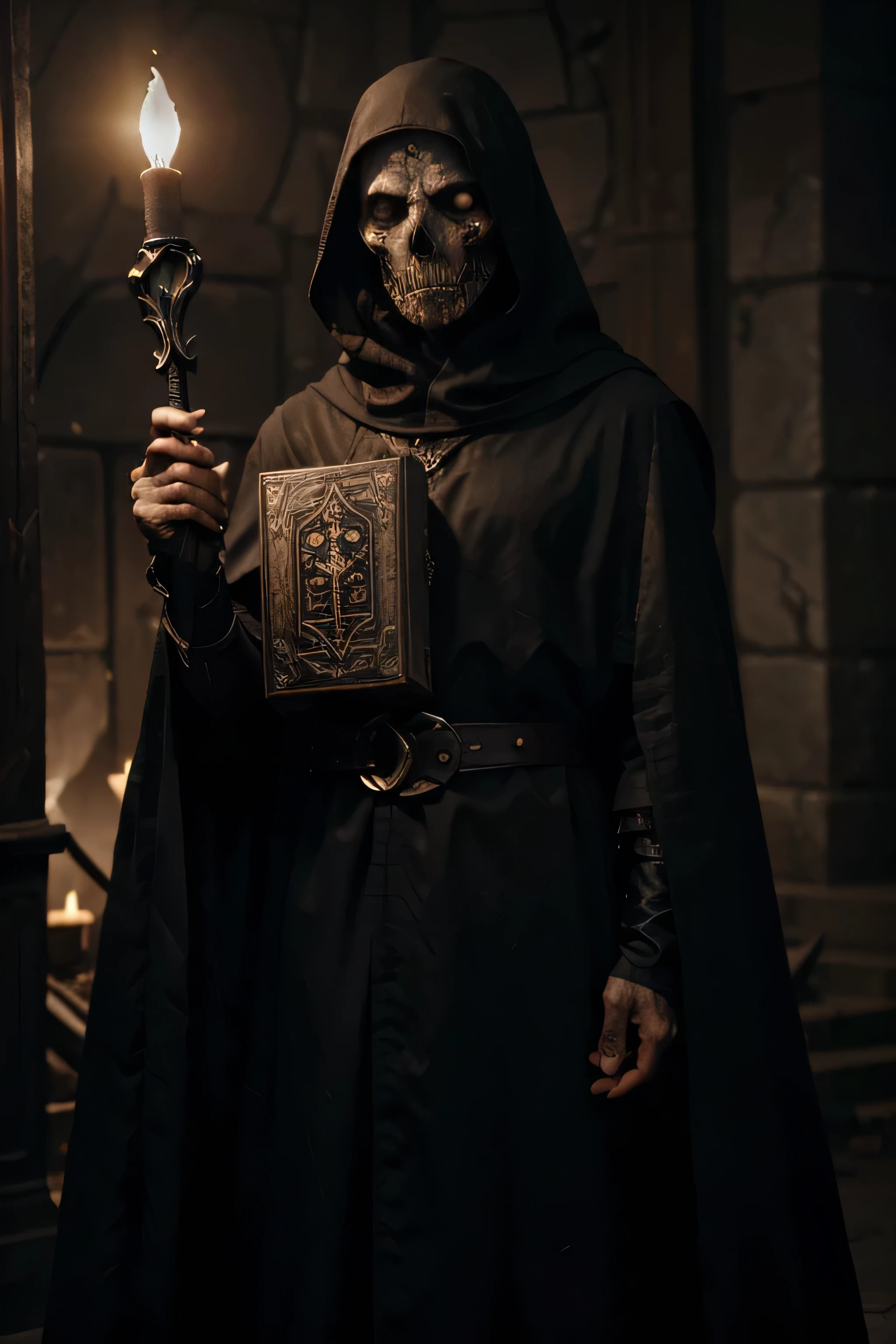 photo of a male necromancer (holding out a human skull), theatrical, movie still, moody, (gothic), (dark fantasy style), medieval times, d&d, wearing necromancer clothes, cloak, realistic, highly detailed, realistic eyes, intricate details, detailed background, depth of field, professional photography, RAW photo, HDR, UHD, 64K, perfect composition, vivid details, vibrant colors, natural lighting, volumetric lighting, bokeh