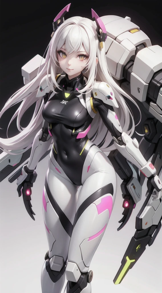 beautiful, Miss, Sexy face, Yellow eyes, white hair, slim, Sexy pose, Pink tights, Mecha, Neon, Lead Night City, Look from above, high quality, Practical, Beautiful light, fulldetail, black background