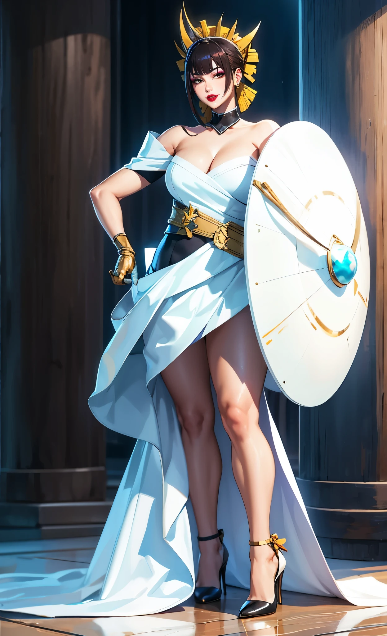 senjumaru shutara, long hair, bangs, blunt bangs, black hair, sidelocks, (black eyes:1.5), makeup, lipstick, red lipstick, muscular female, anatomically correct, mature female, curvy, huge breasts, breasts, dress, high_heels, large_breasts, solo, gloves, cleavage, full_body, looking_at_viewer, jewelry, bangs, earrings, tiara, white_dress, strapless, alternate_costume, strapless_dress, standing, bare_shoulders,